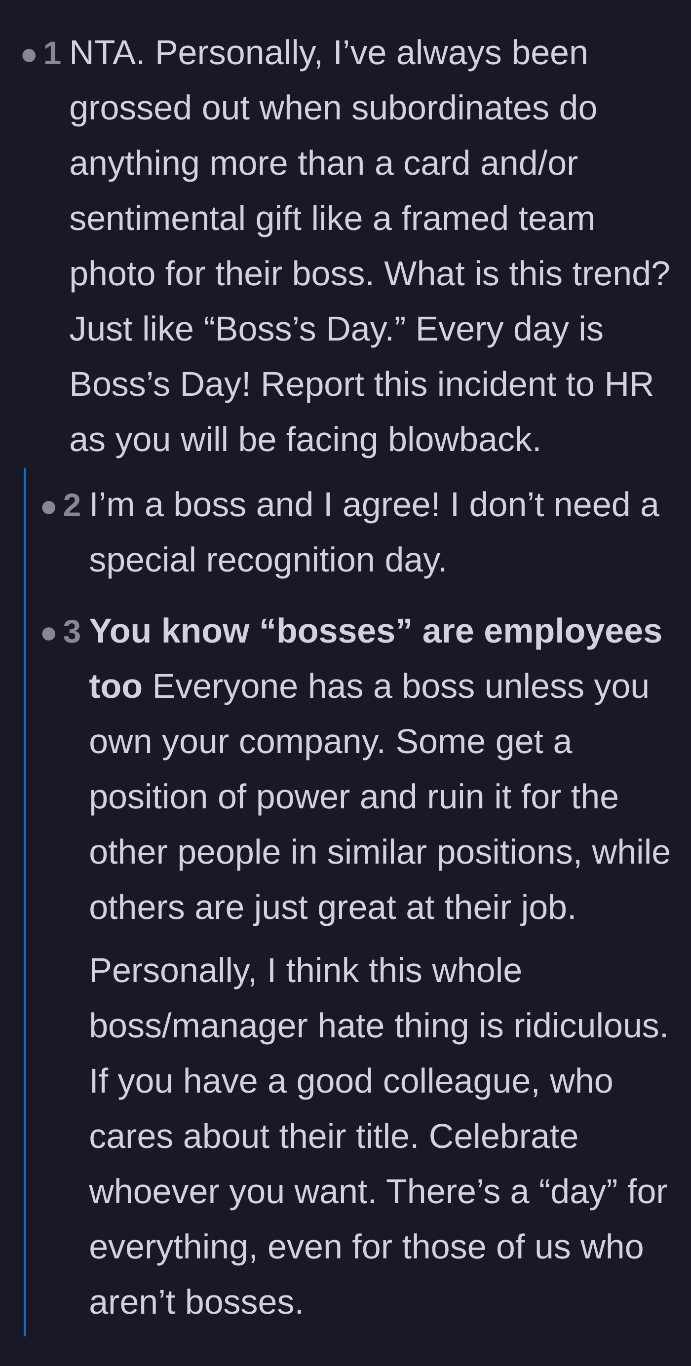 Comment thread 2 - A debate on whether Boss's Day is inherently gross or if good managers still deserve celebration.