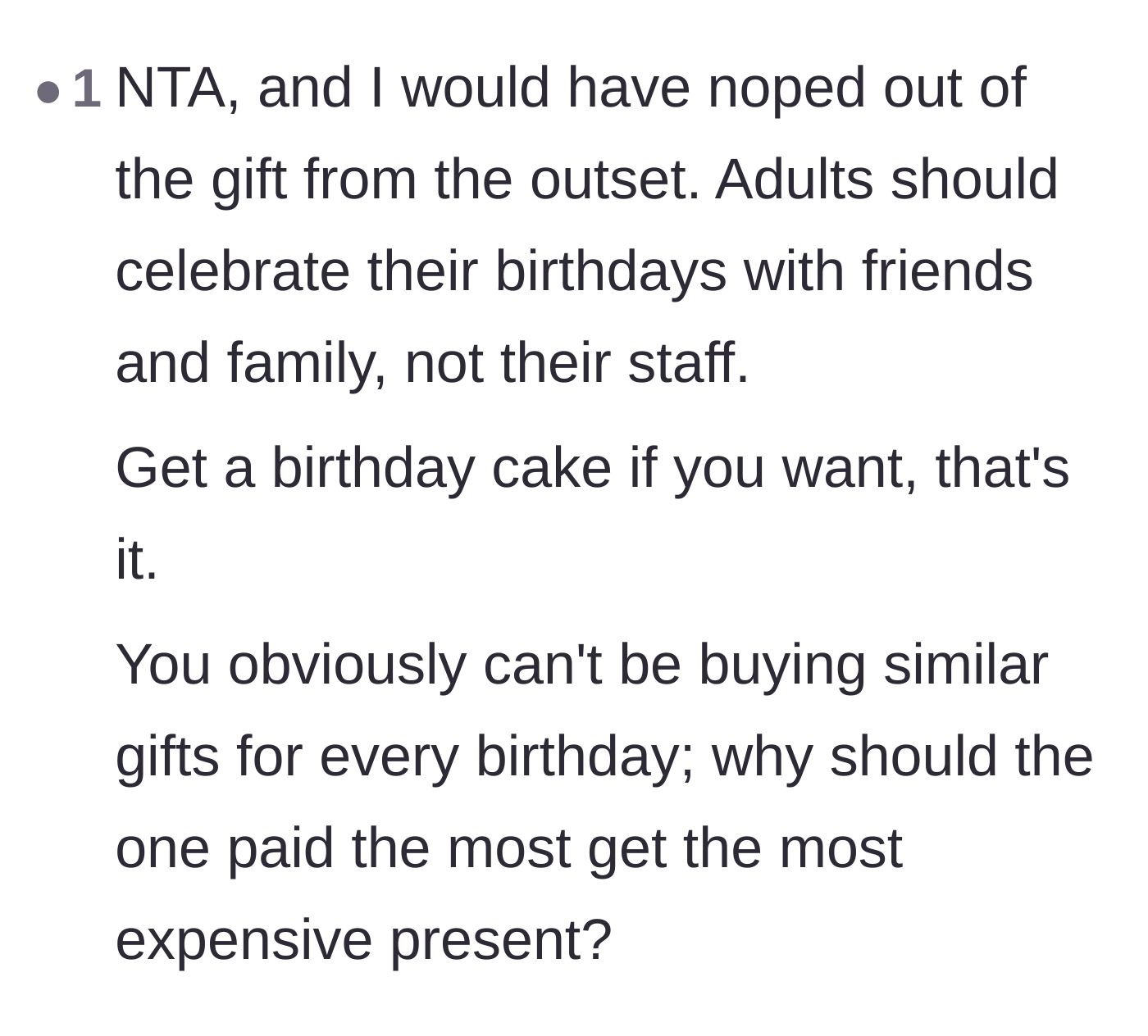 Comment thread 5 - Pointing out the logical flaw of buying the most expensive gifts for the highest-paid employee.