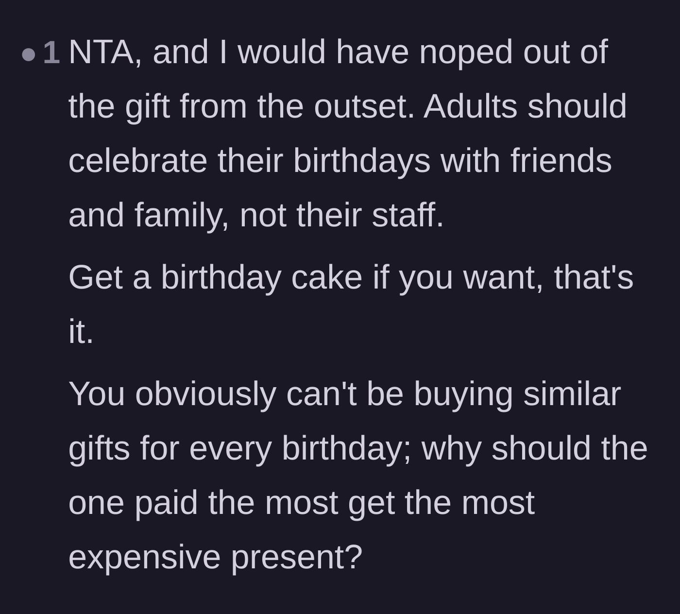 Comment thread 5 - Pointing out the logical flaw of buying the most expensive gifts for the highest-paid employee.