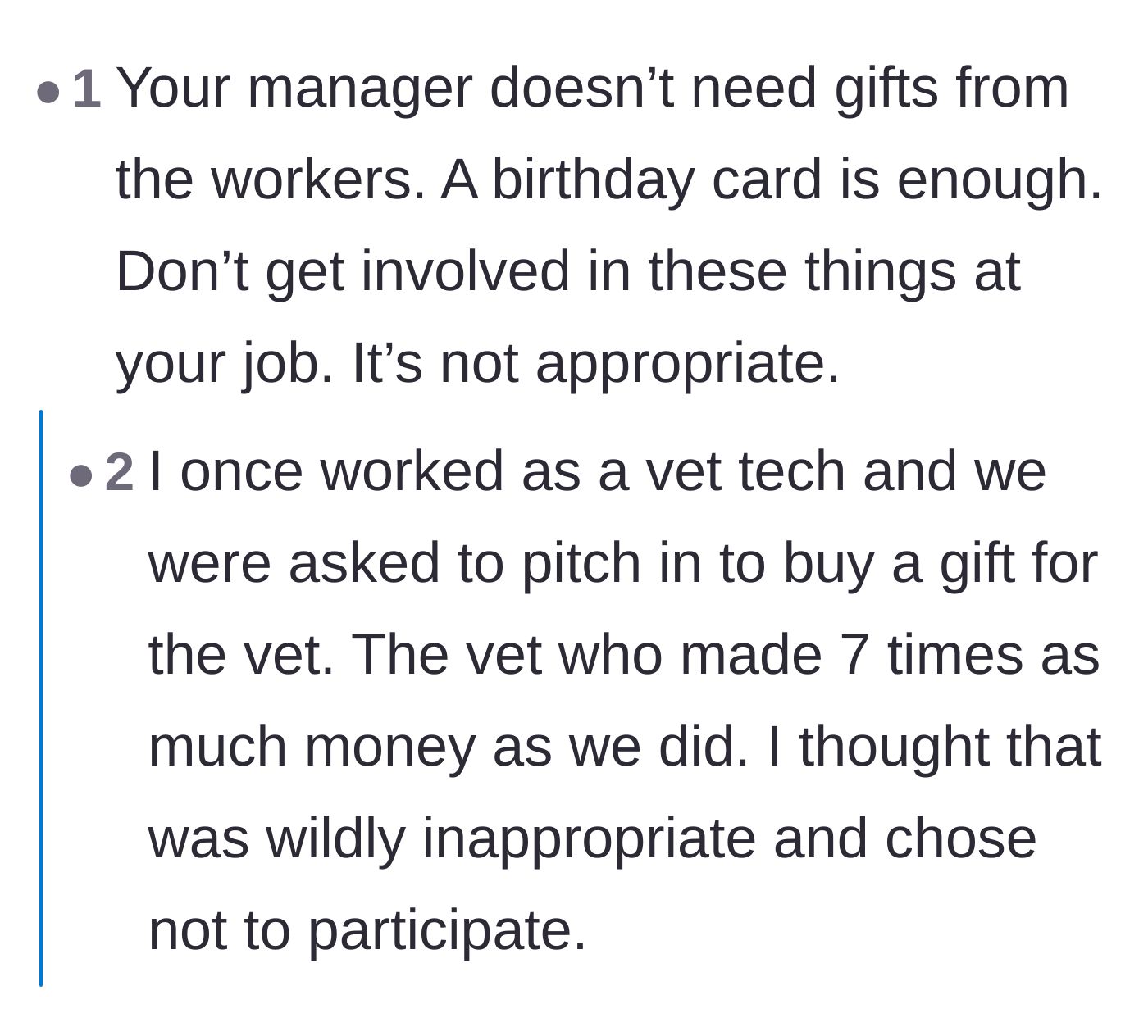 Comment thread 6 - Sharing a personal anecdote about refusing to buy a gift for a boss who made significantly more money.
