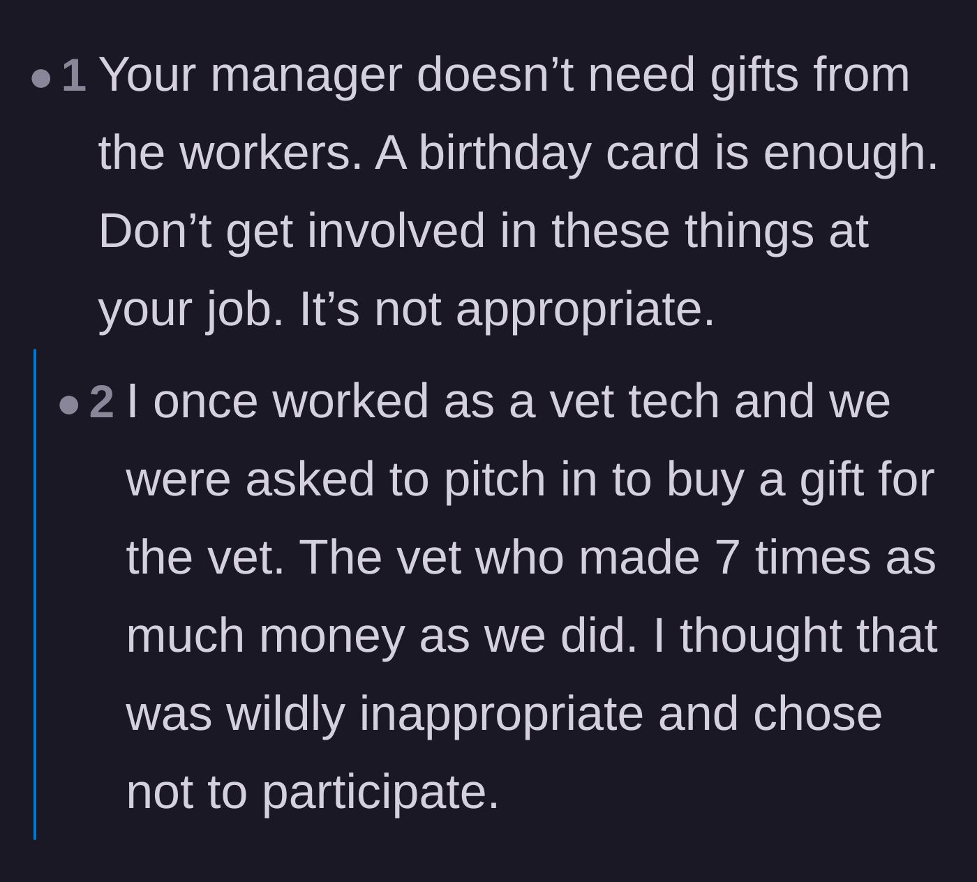 Comment thread 6 - Sharing a personal anecdote about refusing to buy a gift for a boss who made significantly more money.