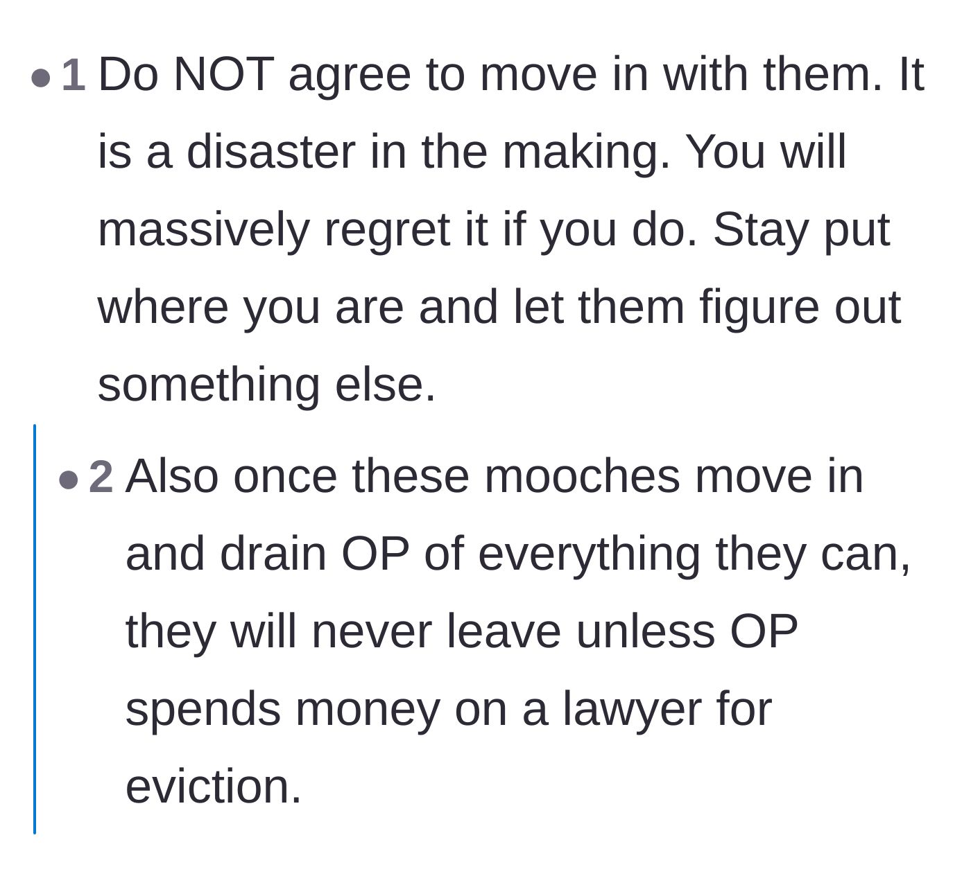 Comment thread 3 - Users warning that once the entitled relatives move in, they will never leave without a formal eviction.