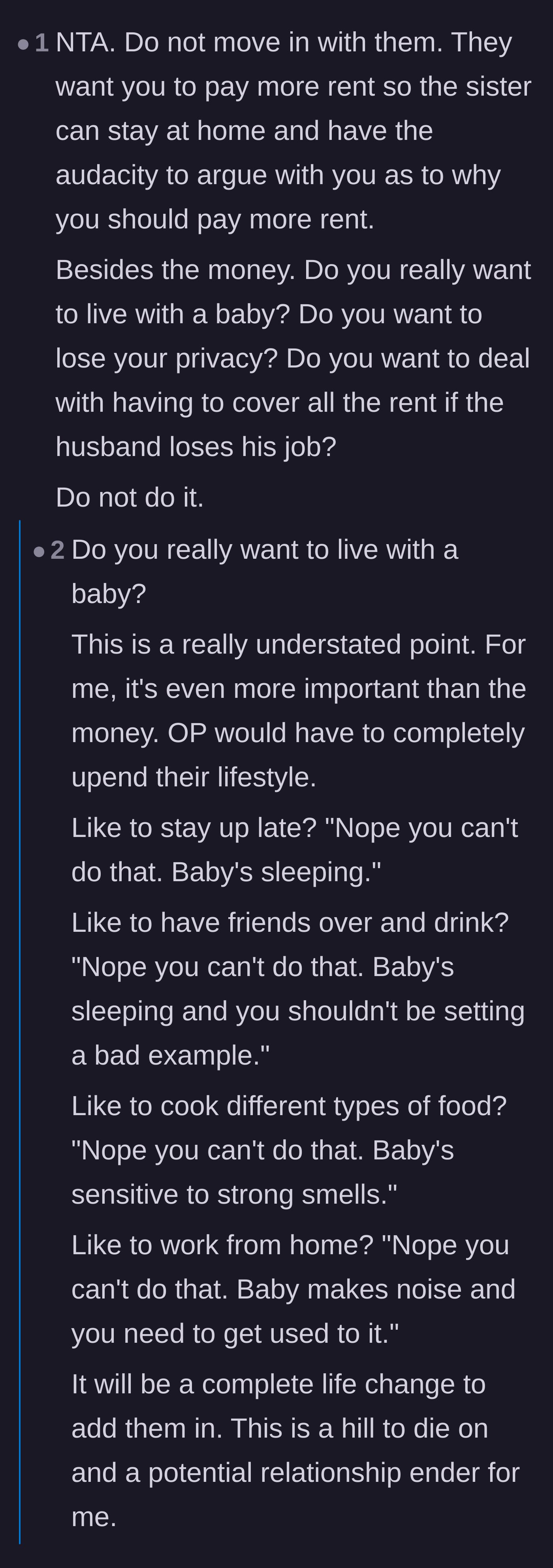 Comment thread 4 - A breakdown of how living with a baby will completely destroy a childfree couple's quiet lifestyle and privacy.