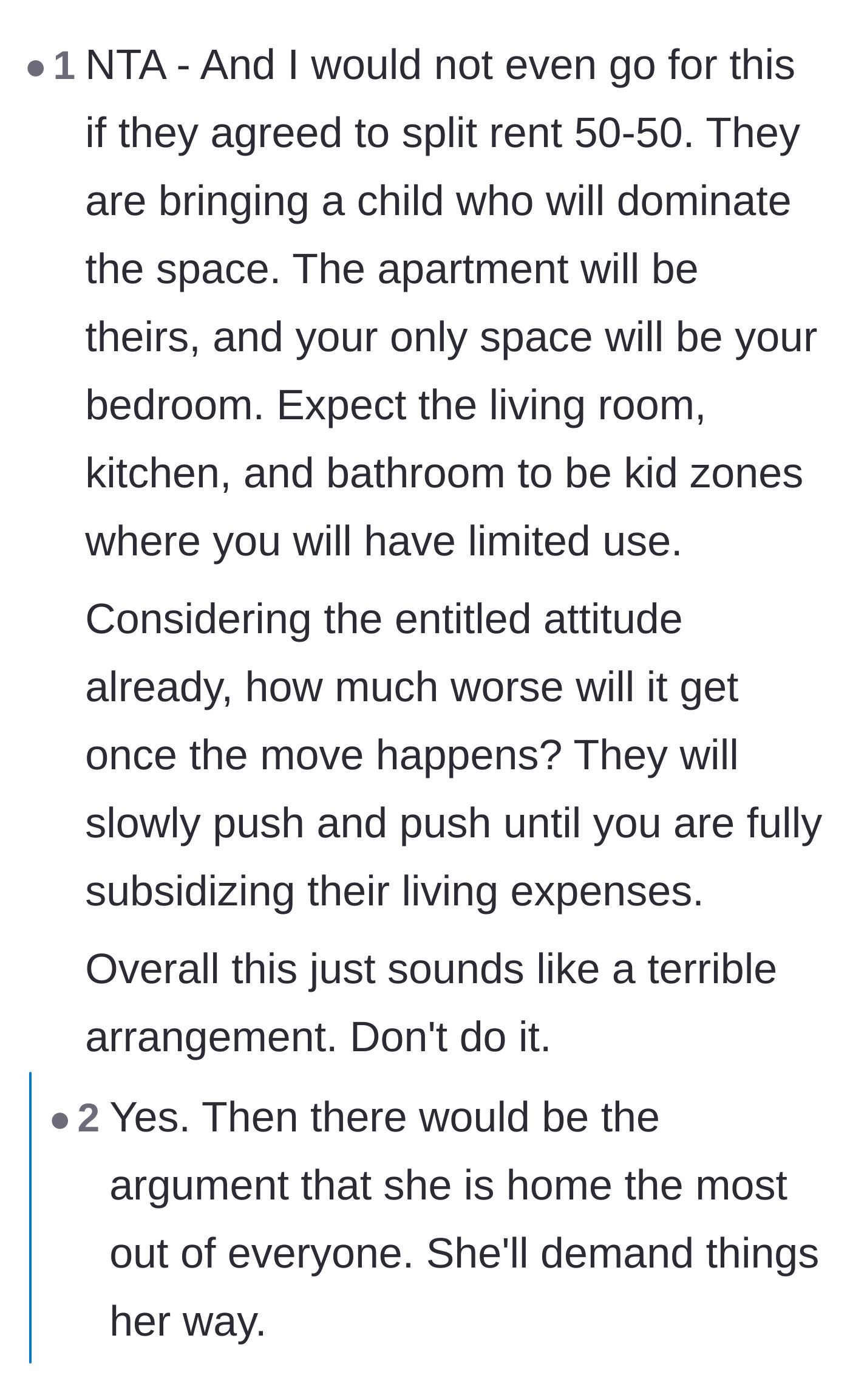 Comment thread 5 - Comments explaining that even a perfectly fair rent split wouldn't fix the core issue of the sister-in-law's entitlement.