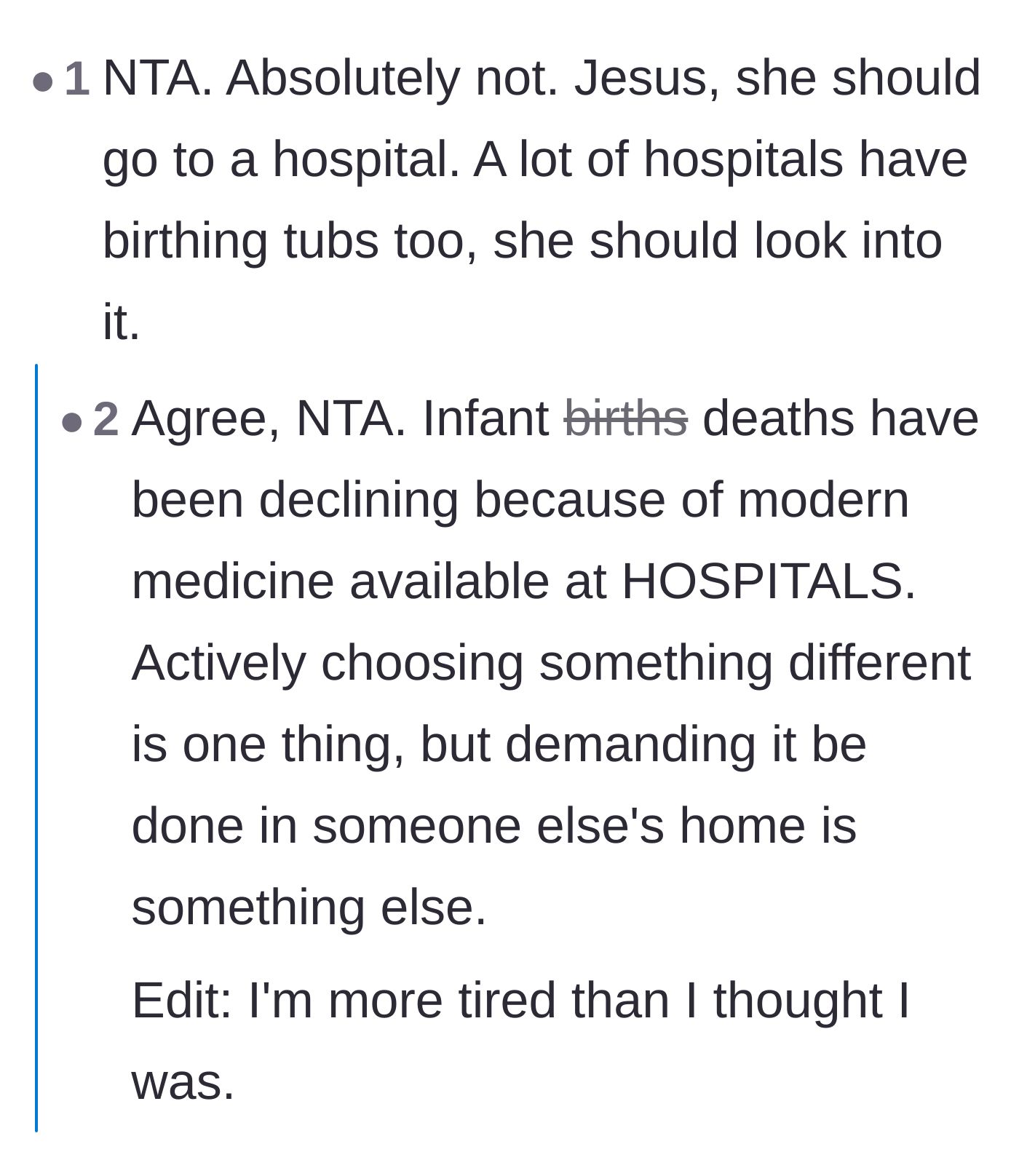 Comment thread 1 - Suggesting the daughter-in-law use a hospital birthing tub instead.