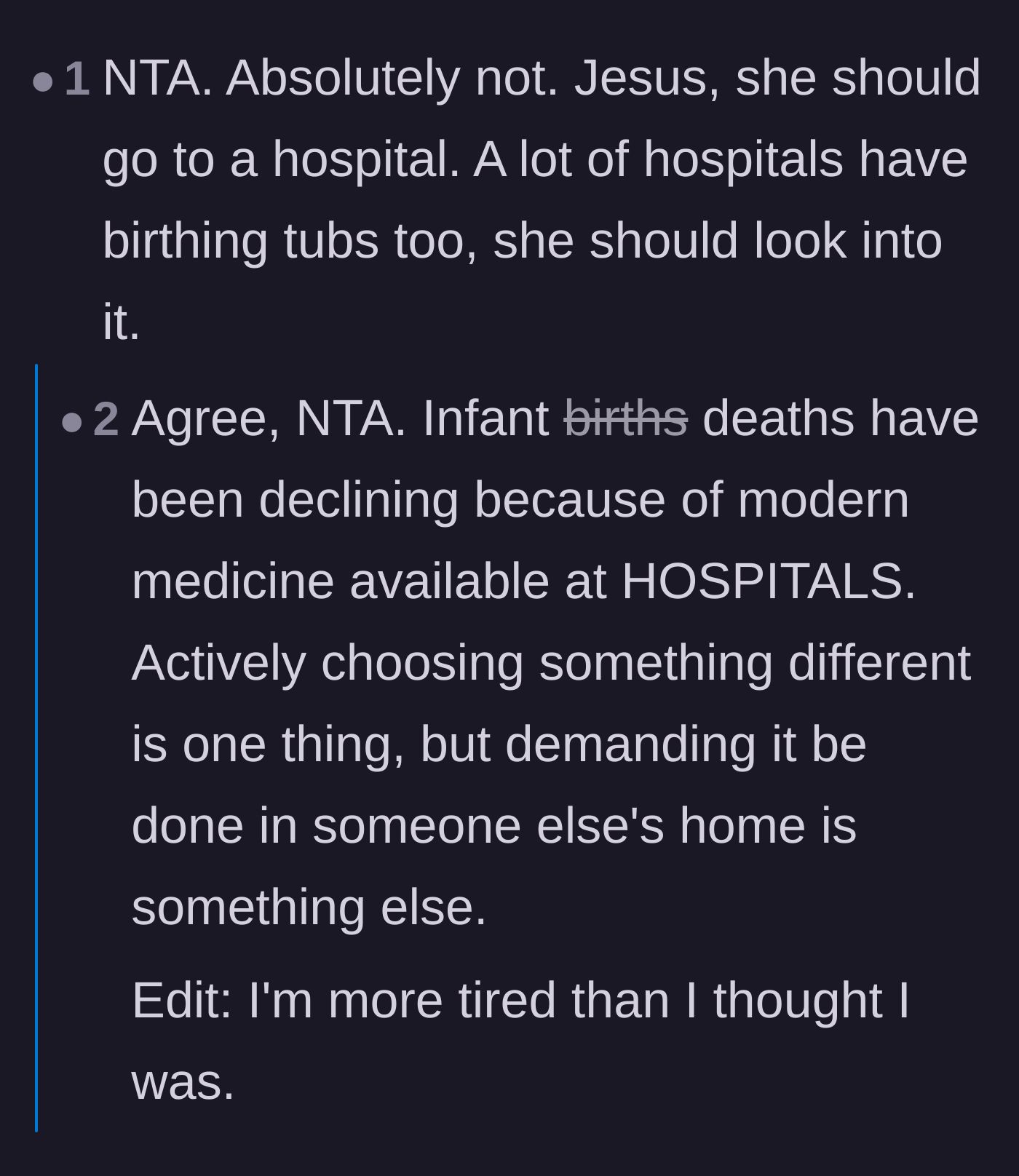 Comment thread 1 - Suggesting the daughter-in-law use a hospital birthing tub instead.