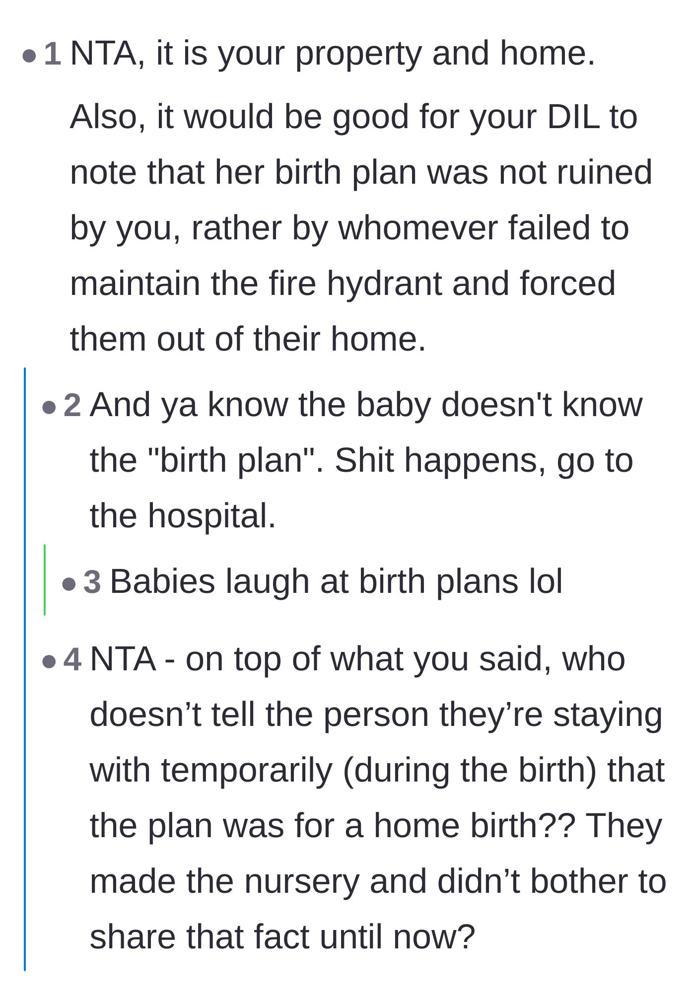 Comment thread 2 - Pointing out that a broken fire hydrant ruined the birth plan, not the host.