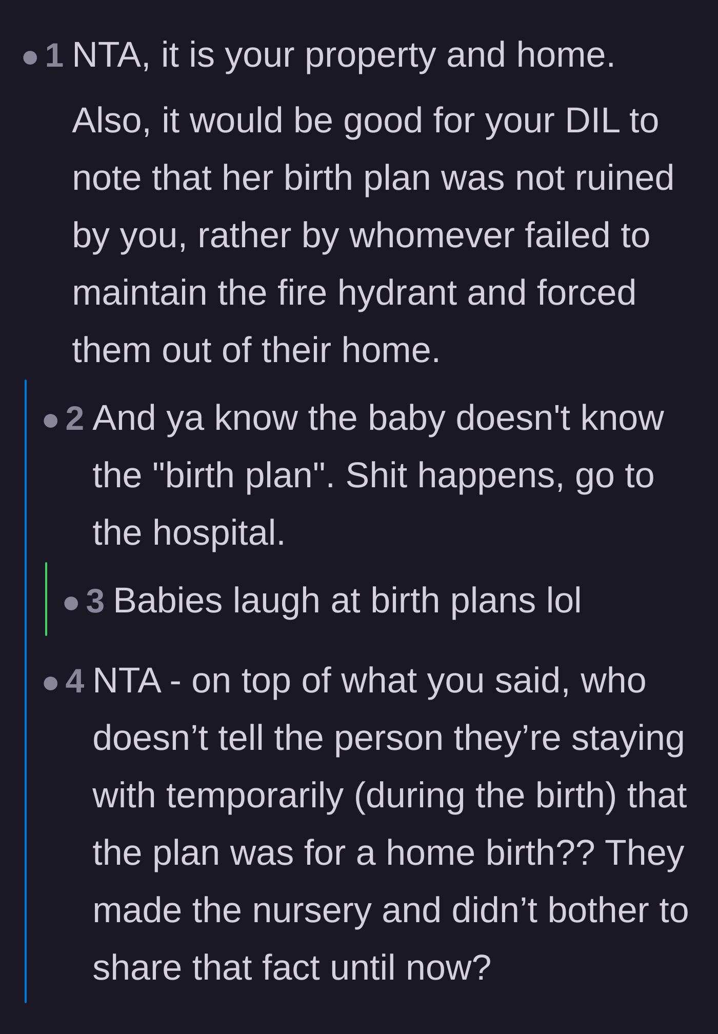 Comment thread 2 - Pointing out that a broken fire hydrant ruined the birth plan, not the host.
