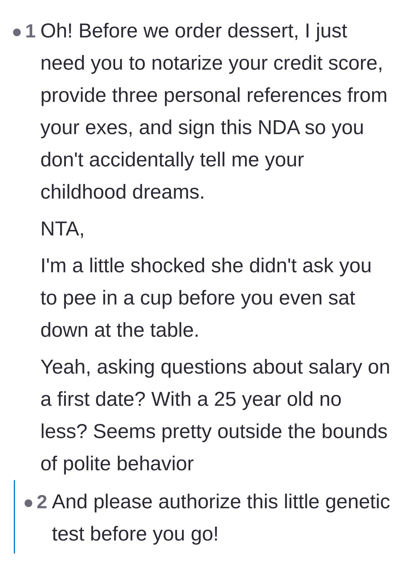 Comment thread 1 - Sarcastic jokes about needing a credit score, personal references, and a genetic test for the first date.