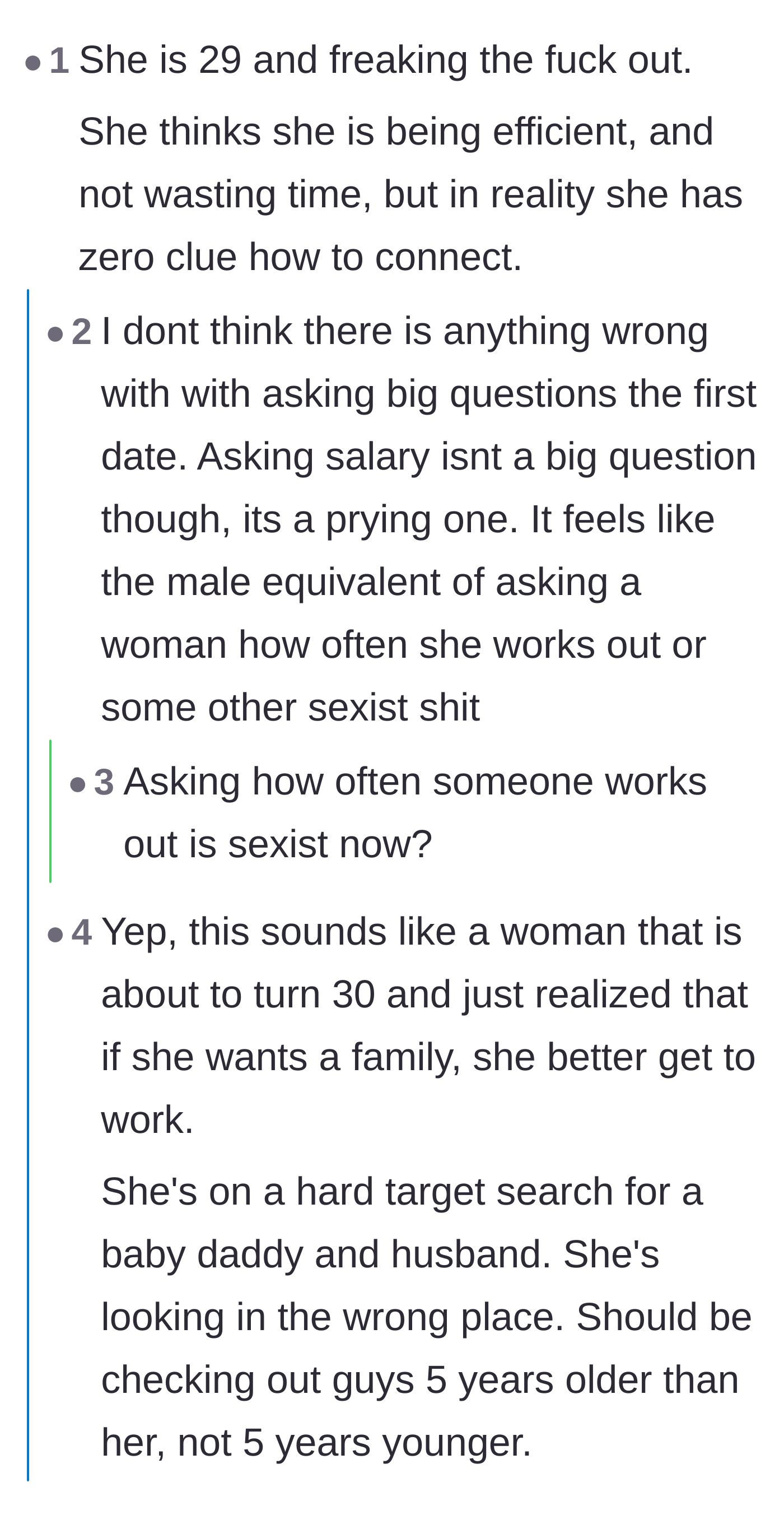 Comment thread 2 - Discussion on how the woman's impending thirtieth birthday is driving her frantic search for a husband in the wrong age bracket.