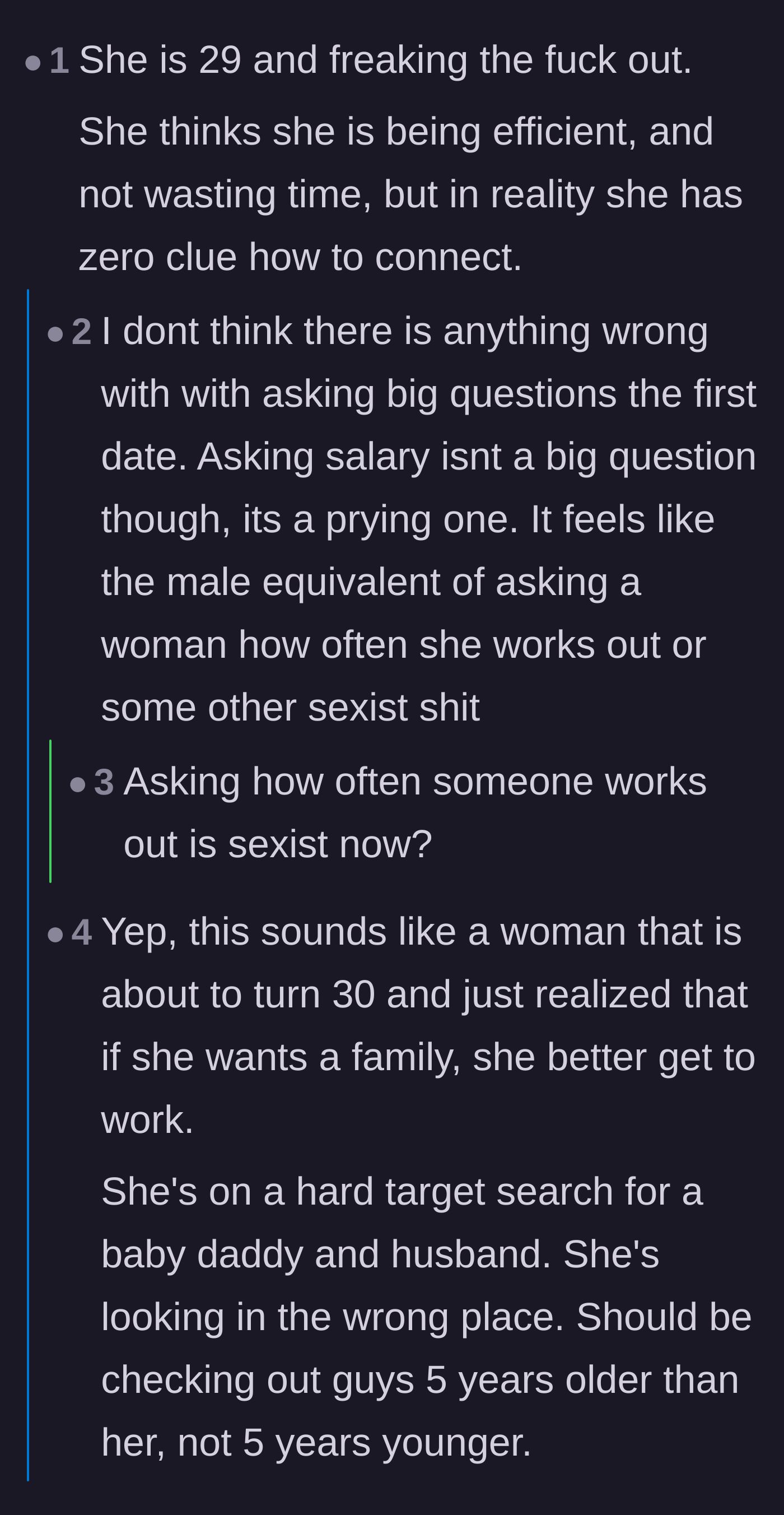 Comment thread 2 - Discussion on how the woman's impending thirtieth birthday is driving her frantic search for a husband in the wrong age bracket.