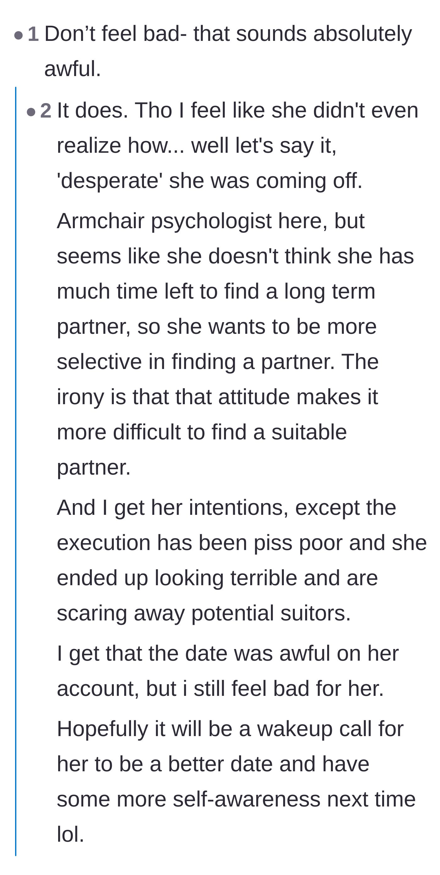 Comment thread 5 - Analyzing the irony of how her frantic timeline panic is actively driving away the exact suitors she wants to lock down.