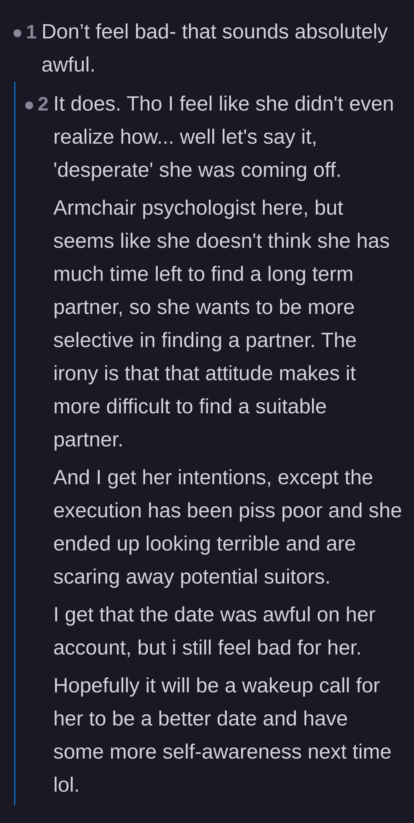 Comment thread 5 - Analyzing the irony of how her frantic timeline panic is actively driving away the exact suitors she wants to lock down.