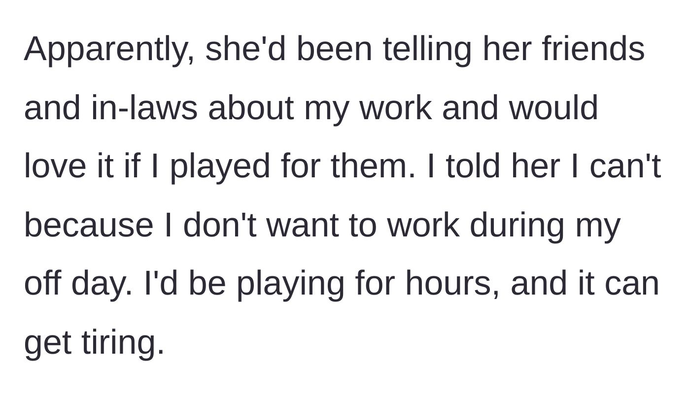 Story part 3 - The author declines, citing that he doesn't want to work for hours on his rare day off.
