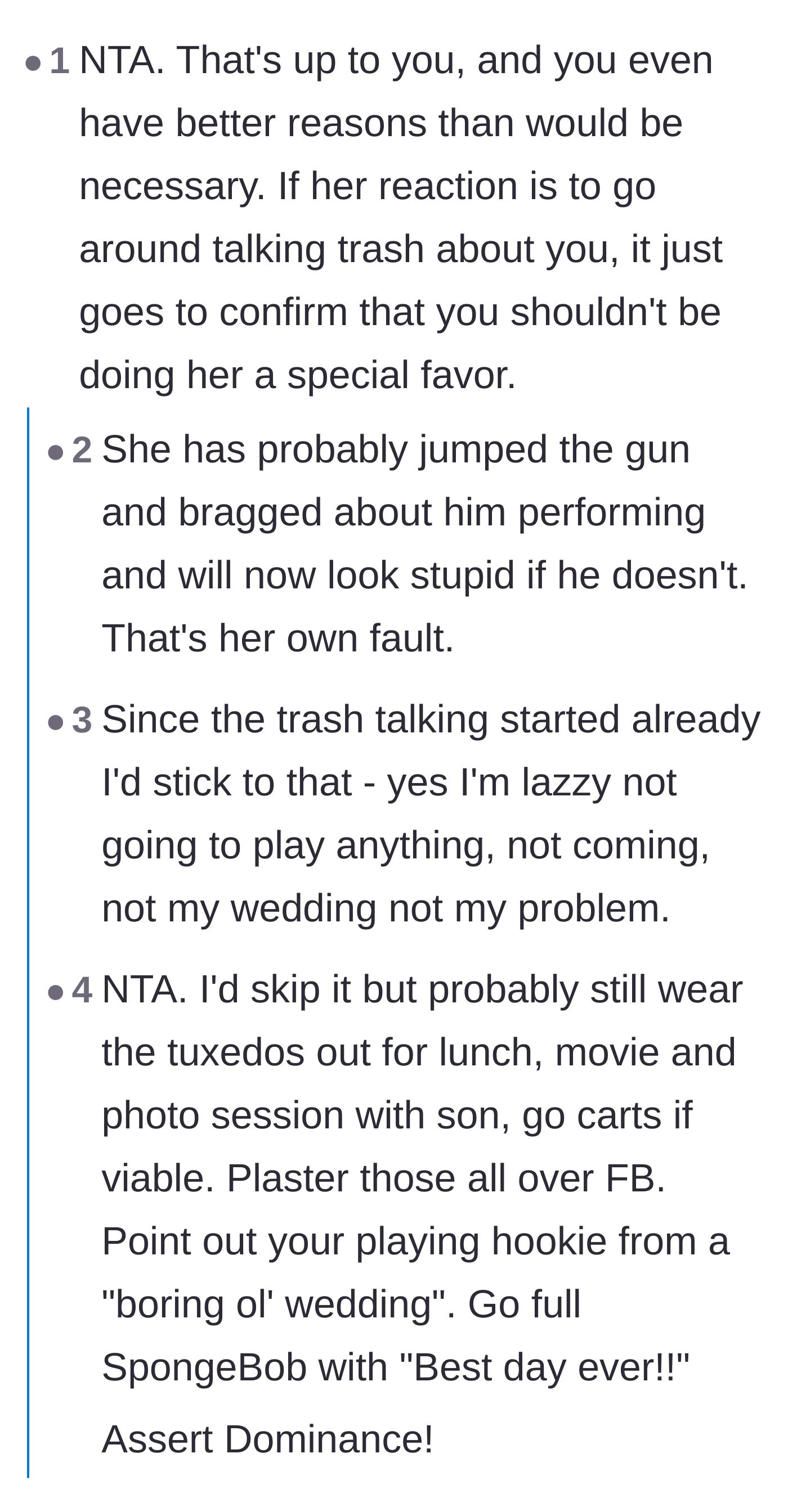 Comment thread 1 - Readers pointing out the bride's embarrassment and suggesting a petty photo shoot with the son.