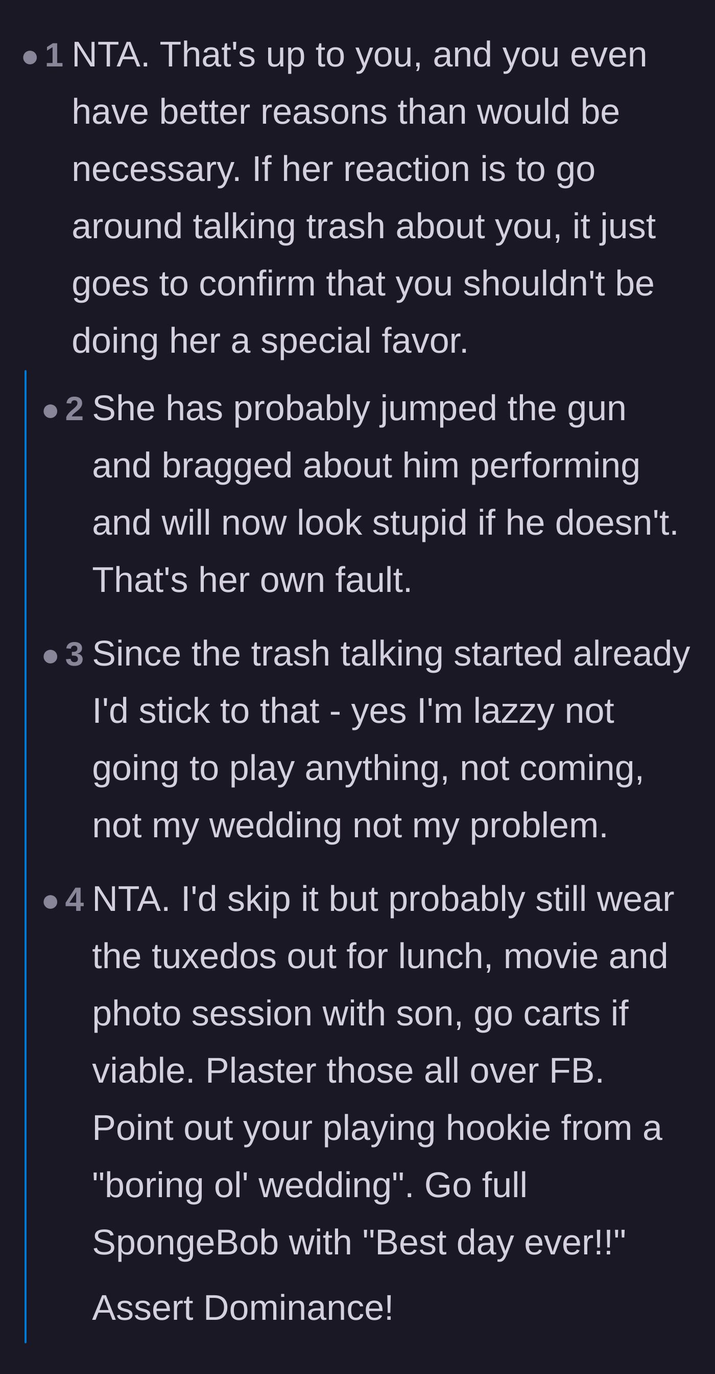 Comment thread 1 - Readers pointing out the bride's embarrassment and suggesting a petty photo shoot with the son.
