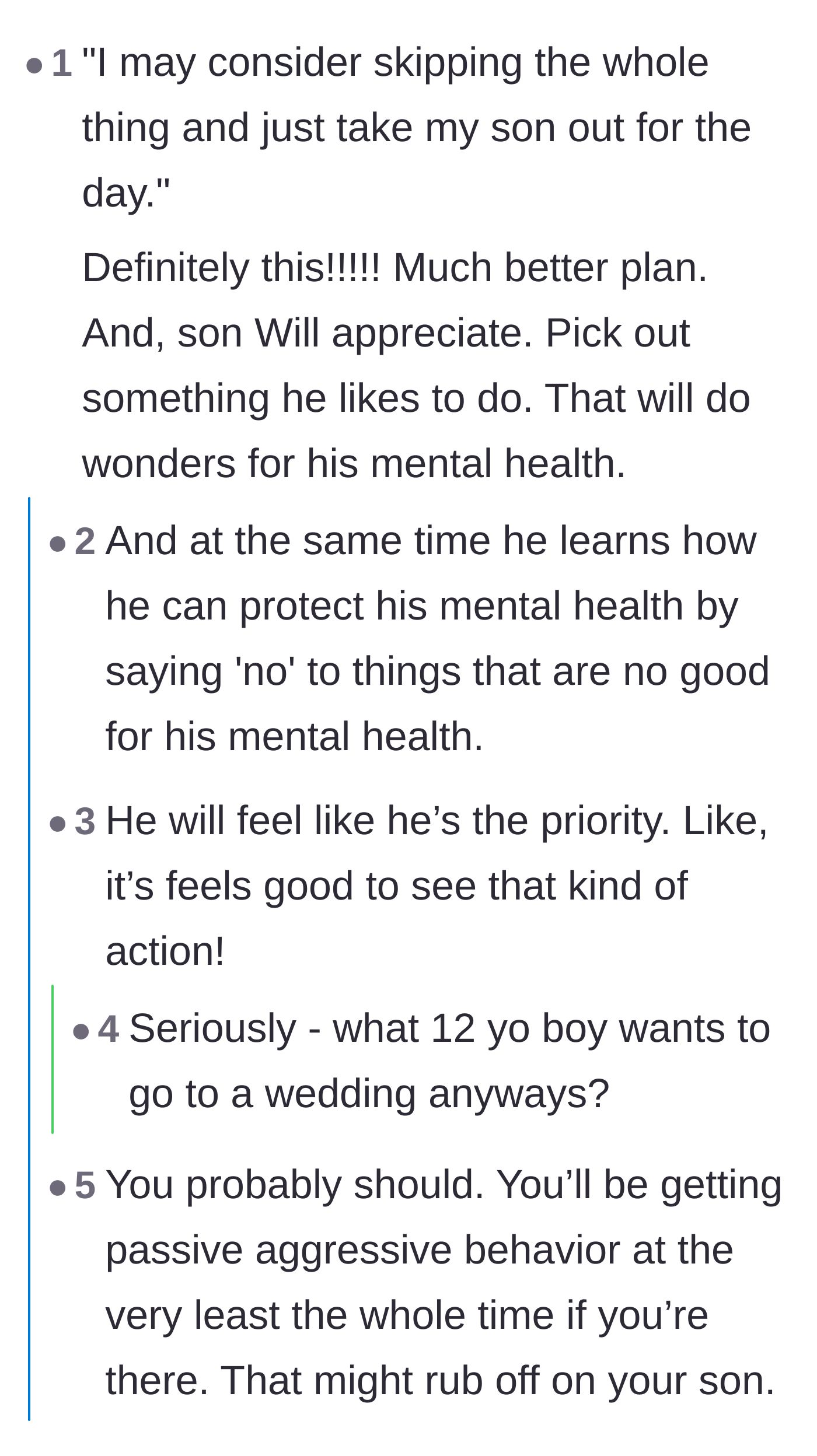 Comment thread 2 - Advice on prioritizing the son's mental health and teaching him healthy boundaries.