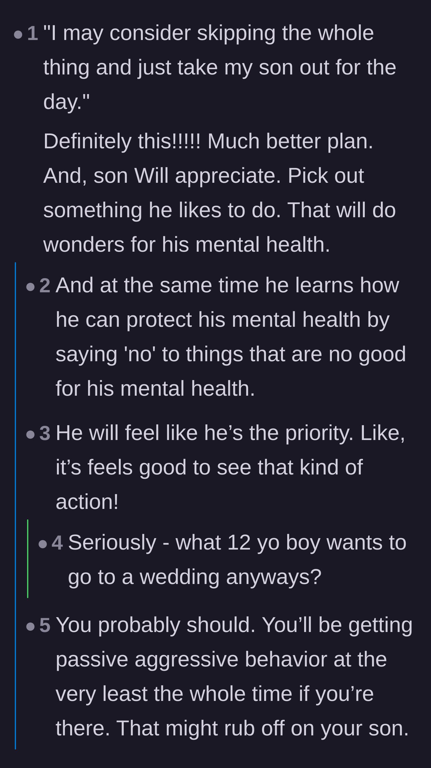 Comment thread 2 - Advice on prioritizing the son's mental health and teaching him healthy boundaries.
