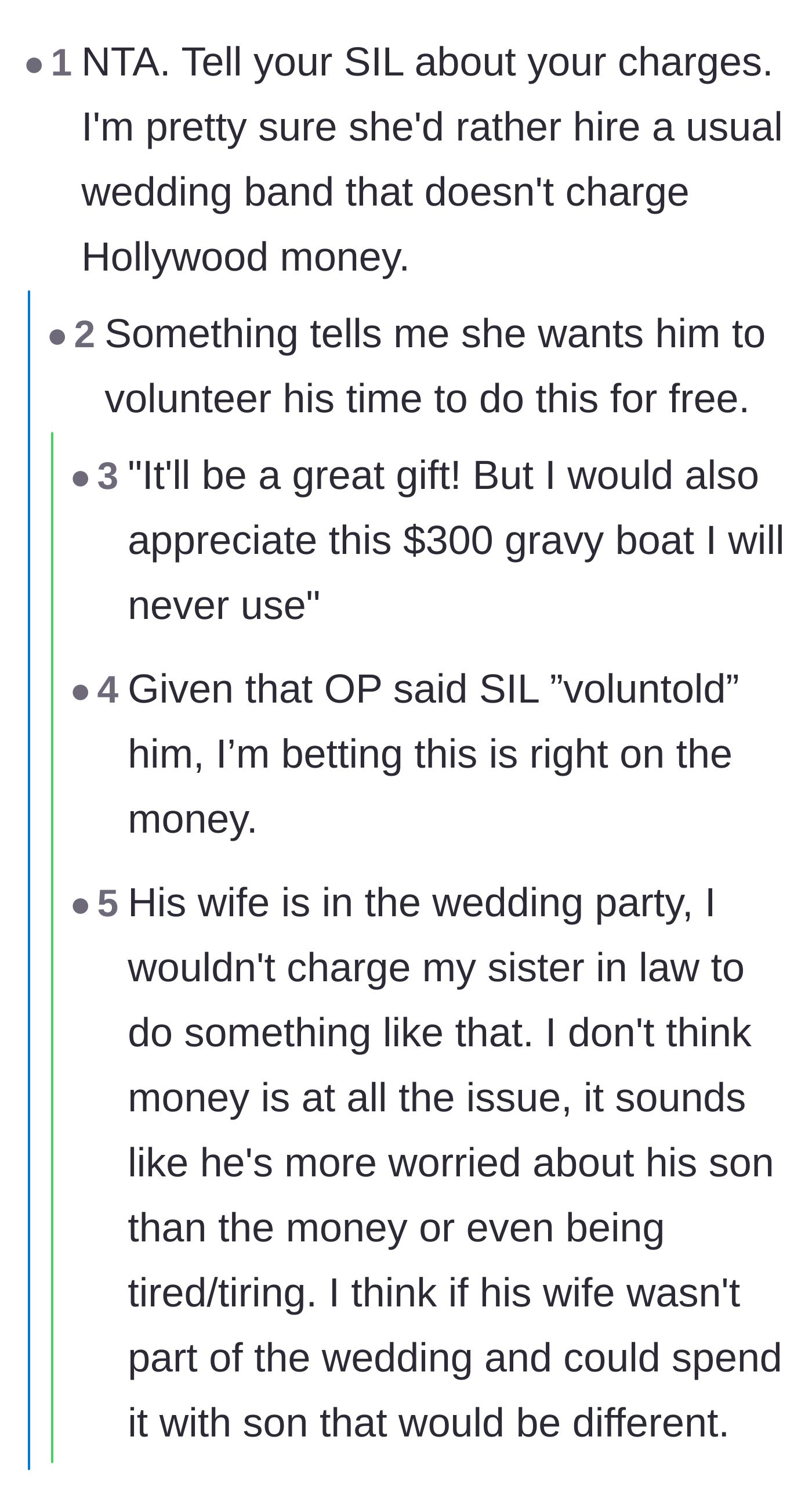 Comment thread 3 - Debating the cost of hiring a Hollywood musician and the bride's demand for free labor.