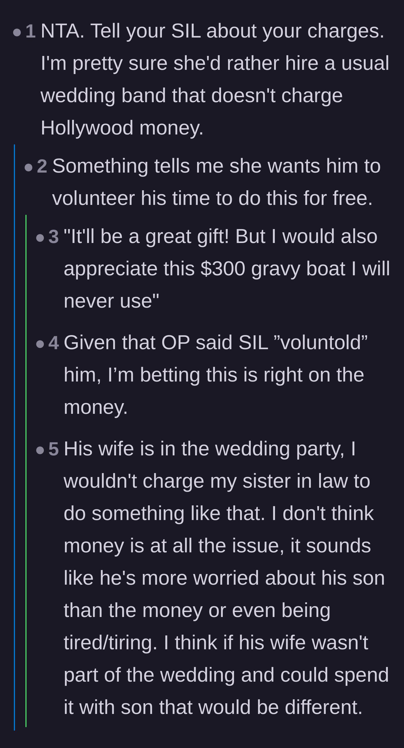 Comment thread 3 - Debating the cost of hiring a Hollywood musician and the bride's demand for free labor.