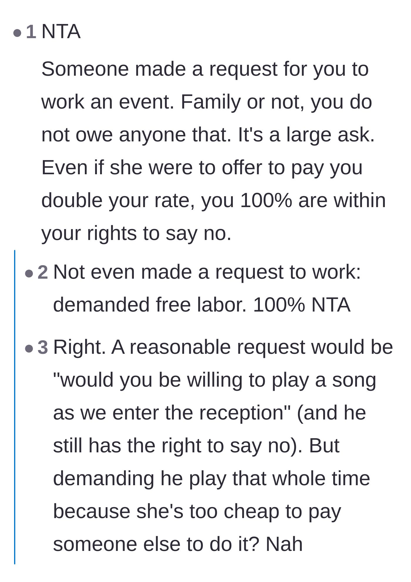 Comment thread 4 - Calling out the bride for demanding rather than politely asking for a professional favor.