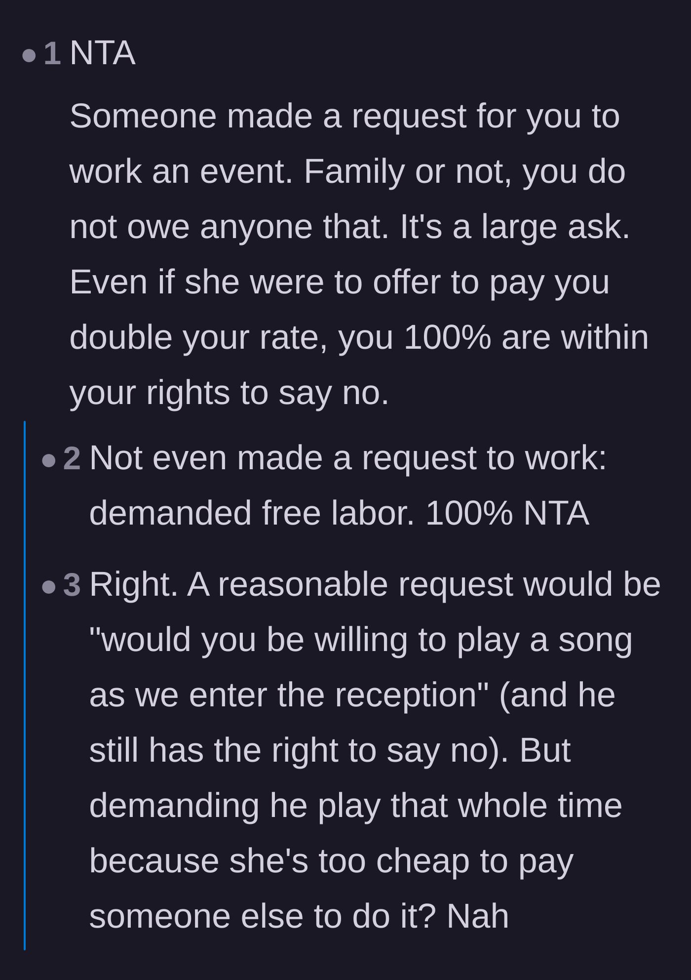 Comment thread 4 - Calling out the bride for demanding rather than politely asking for a professional favor.