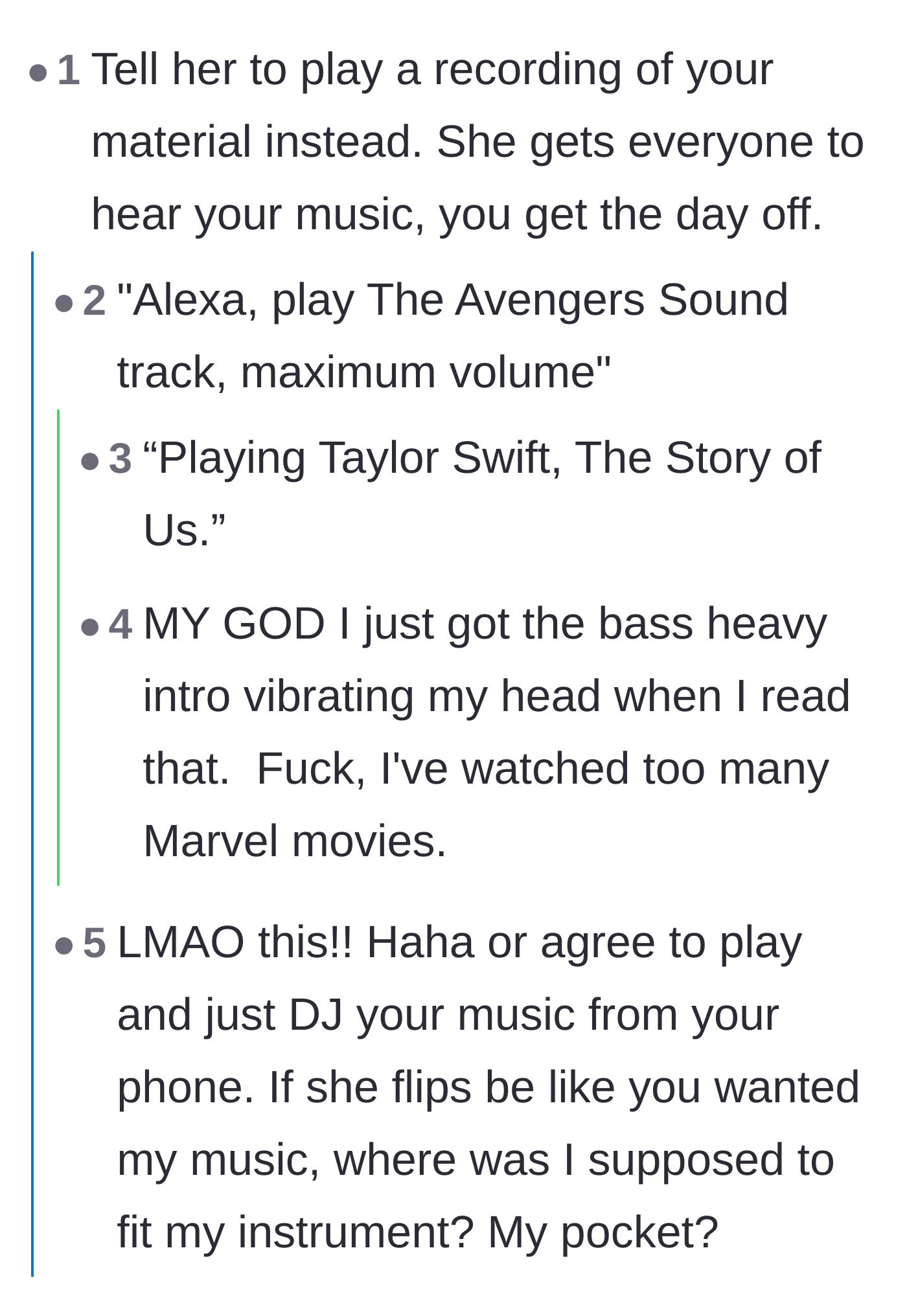 Comment thread 5 - Jokes about blasting superhero soundtracks from a phone instead of playing live.