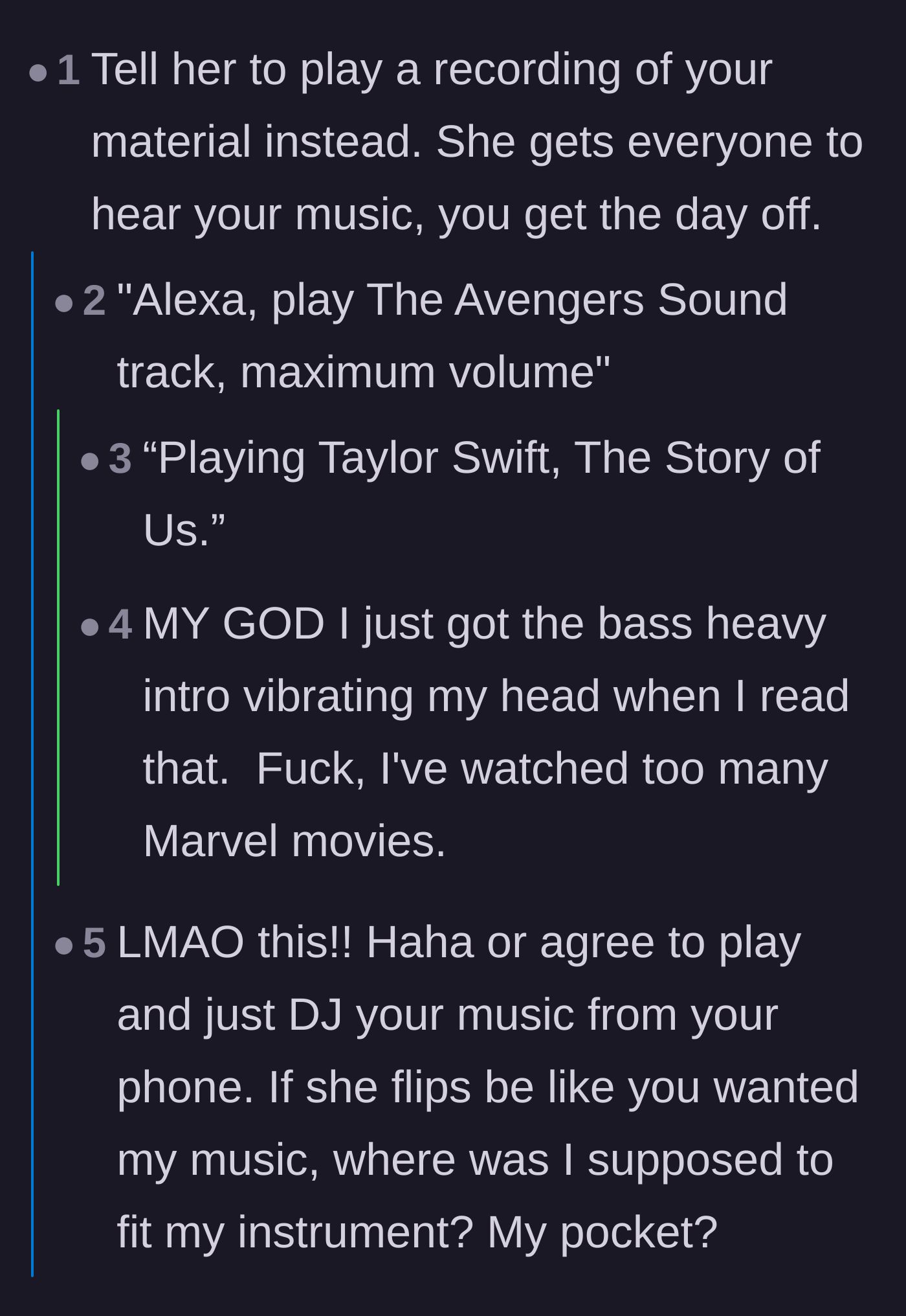 Comment thread 5 - Jokes about blasting superhero soundtracks from a phone instead of playing live.