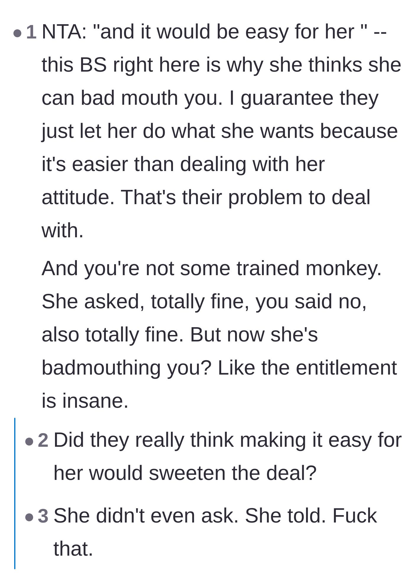 Comment thread 6 - Calling out the enabler parents who just want to keep the peace with their demanding daughter.