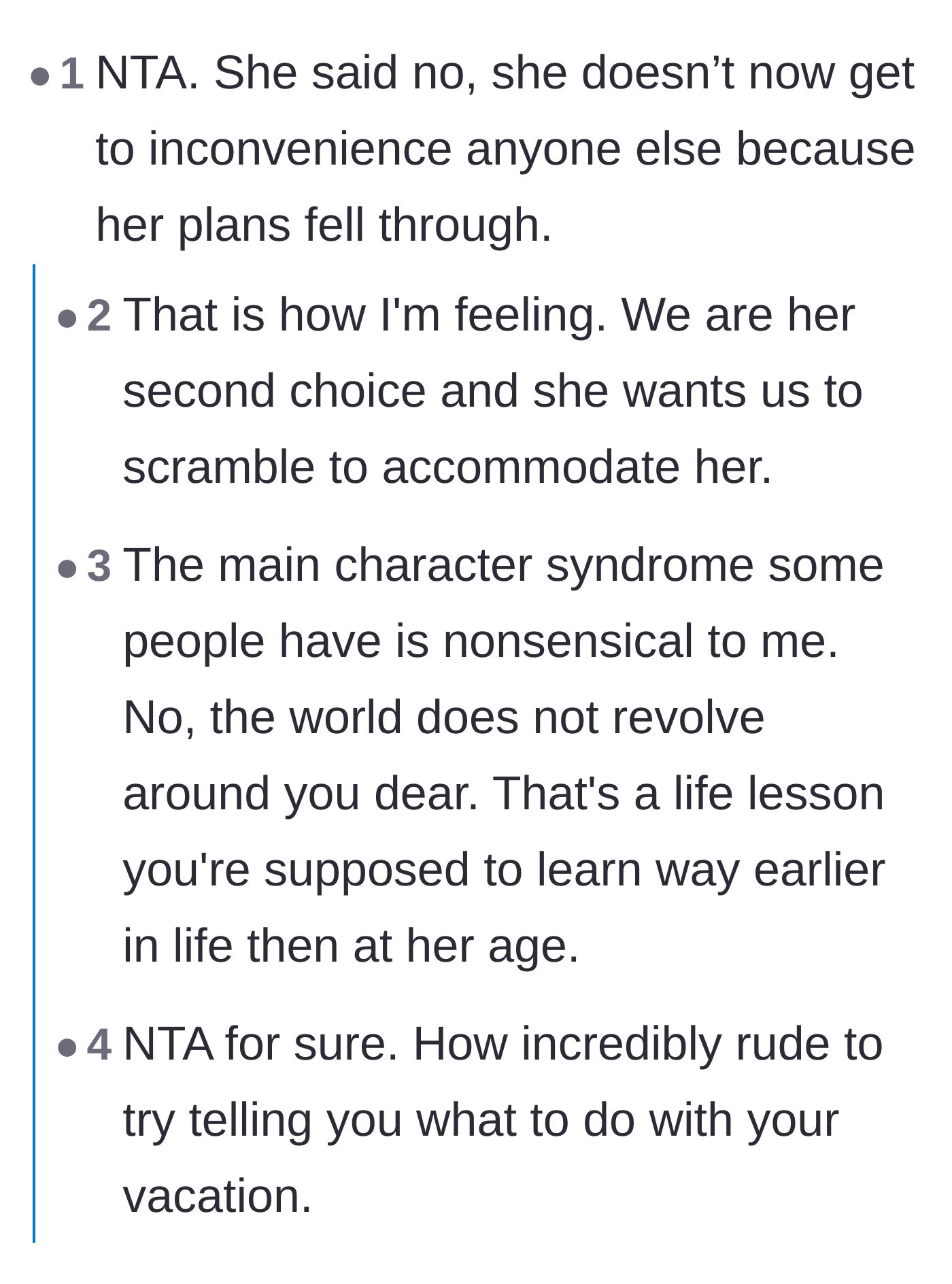 Comment thread 1 - Readers discussing the friend's main character energy and how it feels to be treated as a backup plan