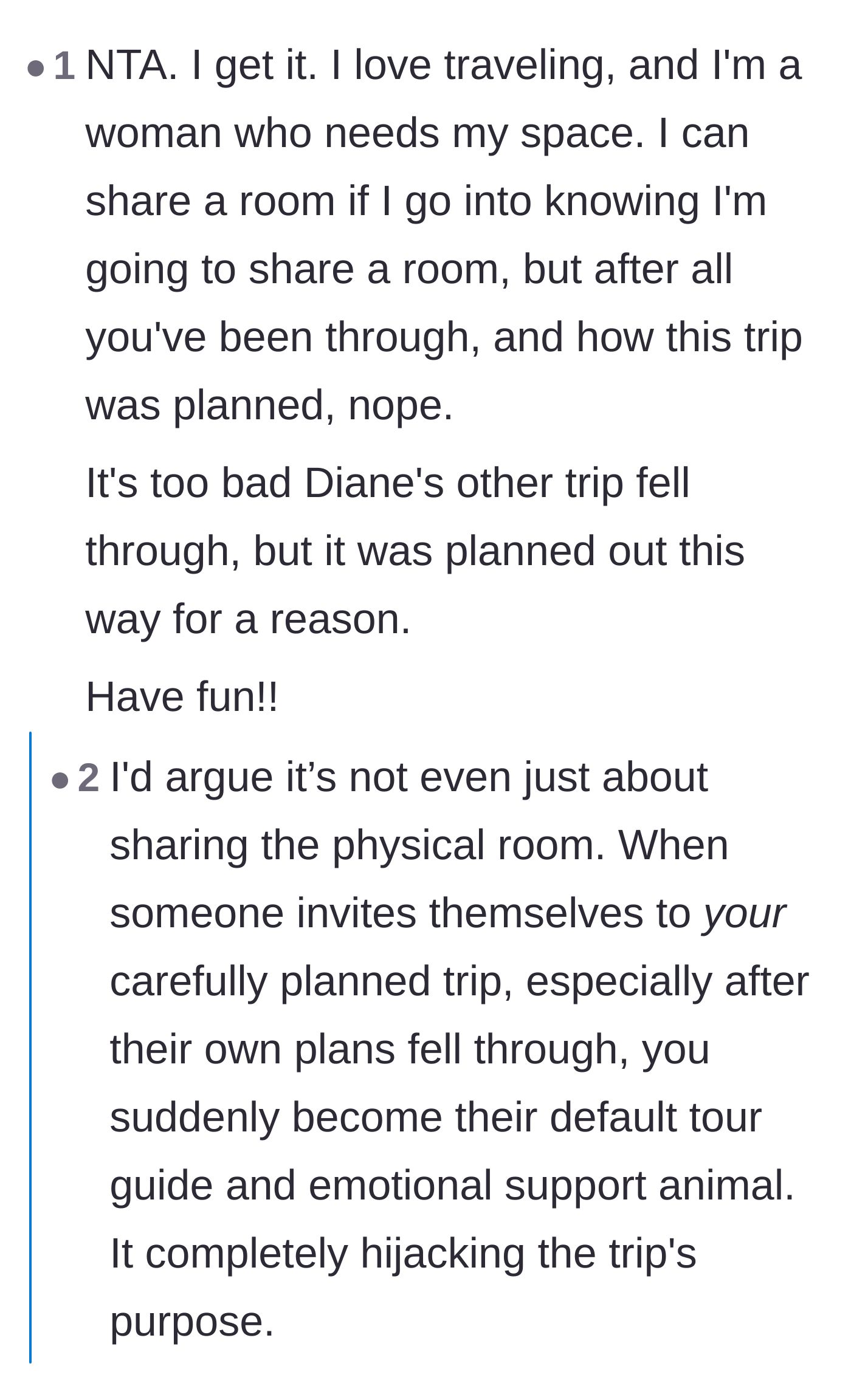 Comment thread 2 - Readers agreeing about the necessity of personal space and the hidden emotional labor of late additions