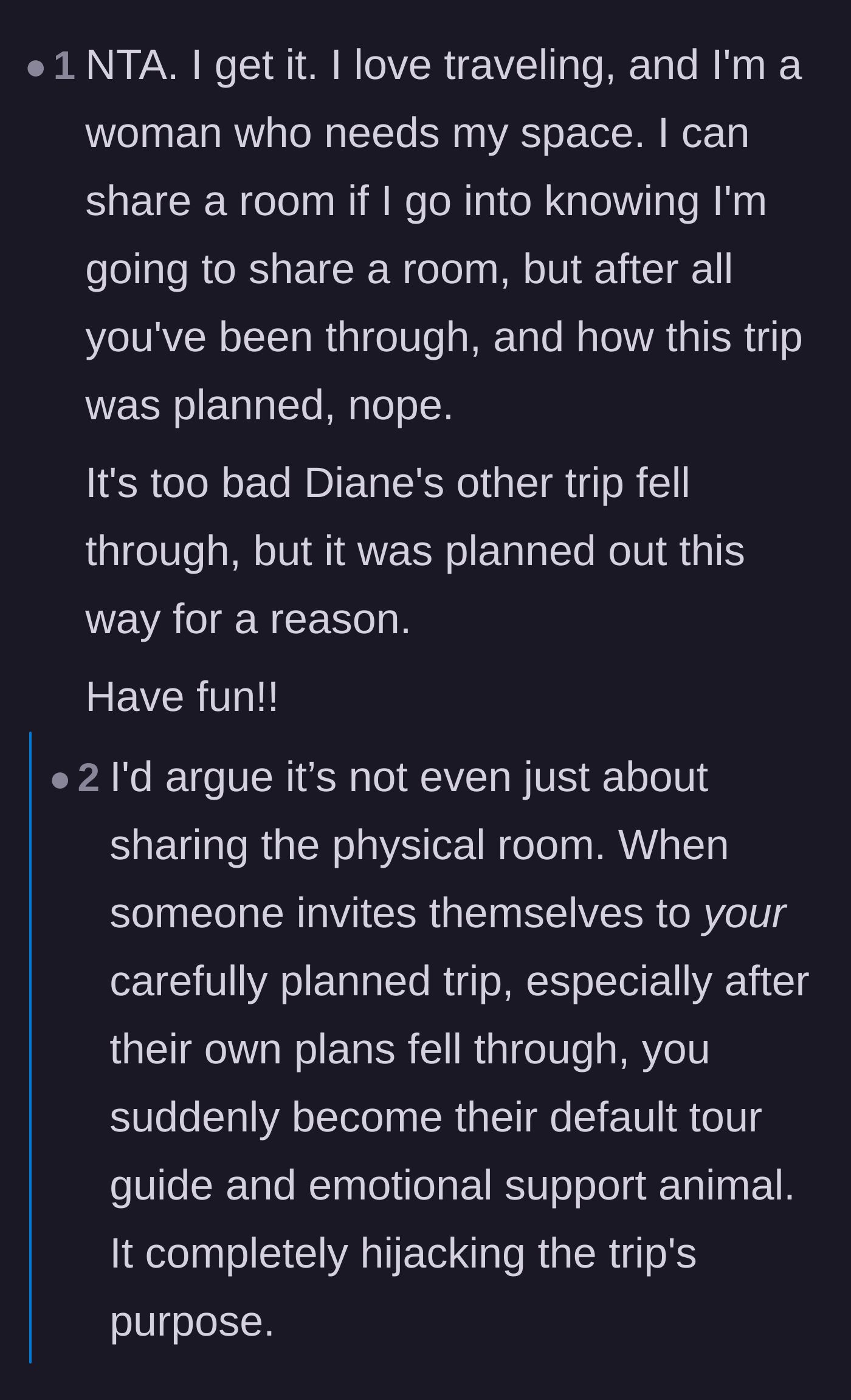 Comment thread 2 - Readers agreeing about the necessity of personal space and the hidden emotional labor of late additions