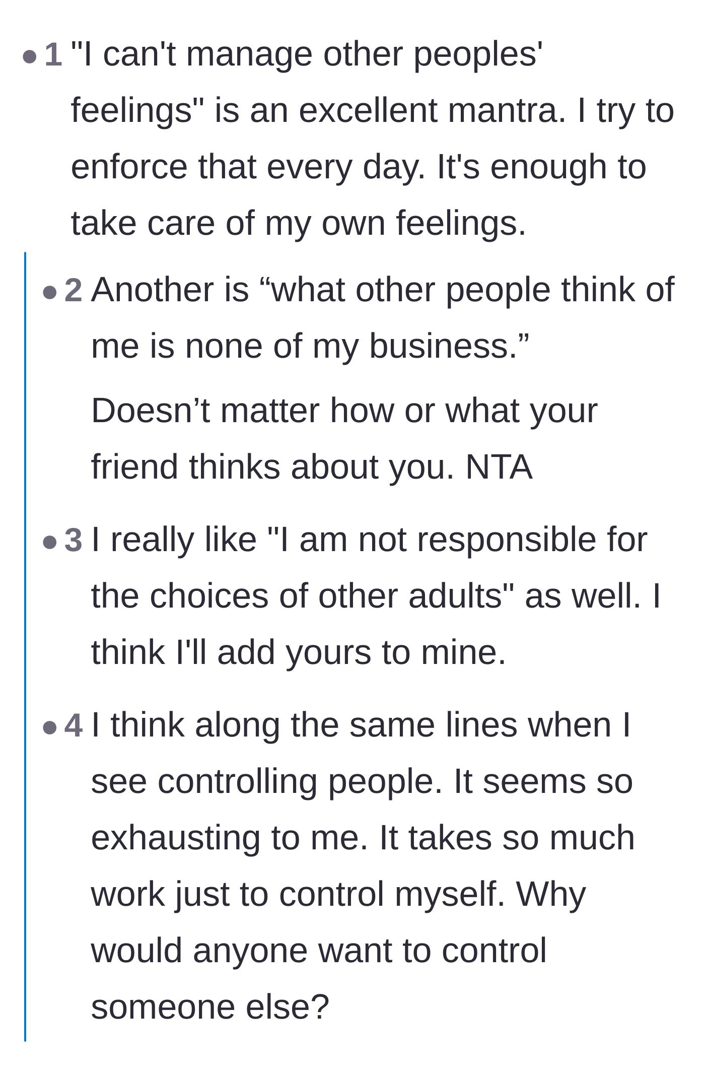 Comment thread 4 - Readers sharing and praising empowering mantras about not managing other adults' feelings
