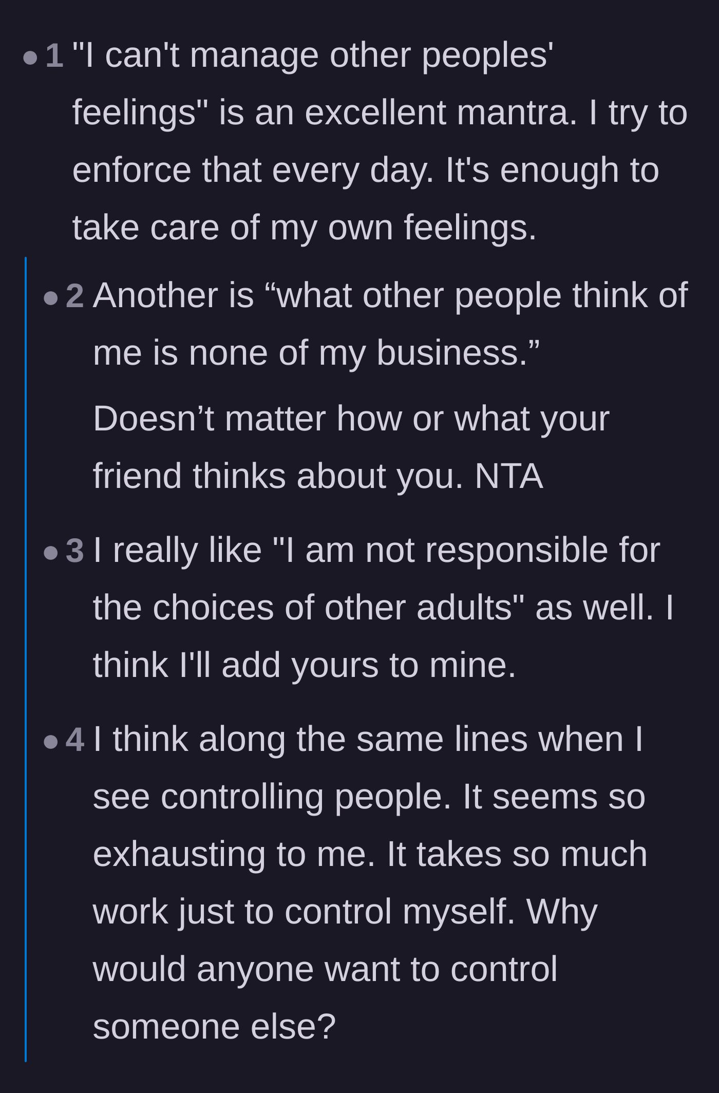 Comment thread 4 - Readers sharing and praising empowering mantras about not managing other adults' feelings