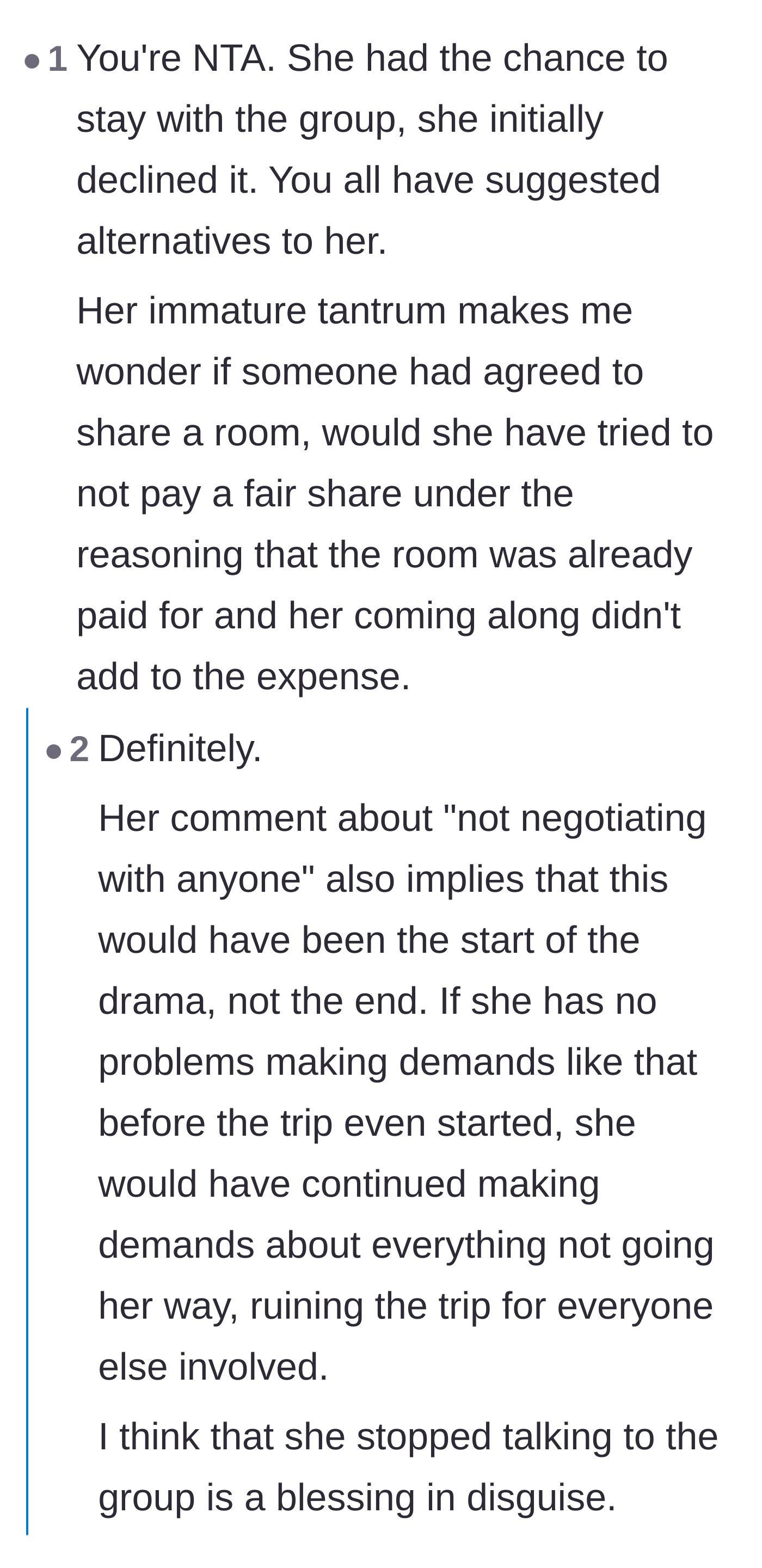 Comment thread 5 - Readers speculating that the friend would have caused more financial and logistical drama if she had joined