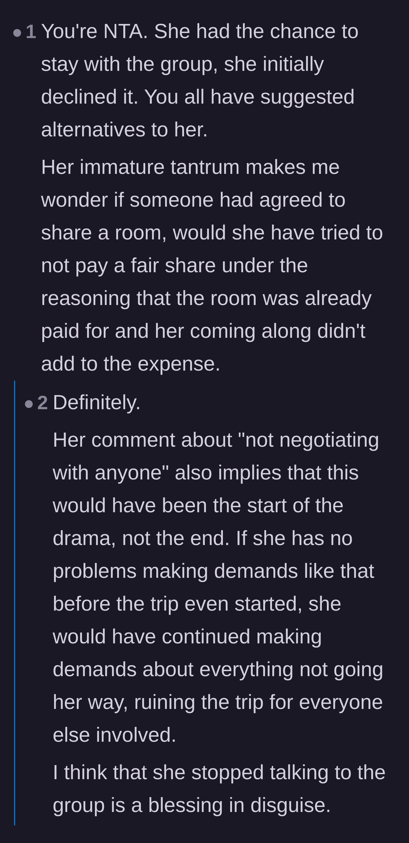 Comment thread 5 - Readers speculating that the friend would have caused more financial and logistical drama if she had joined