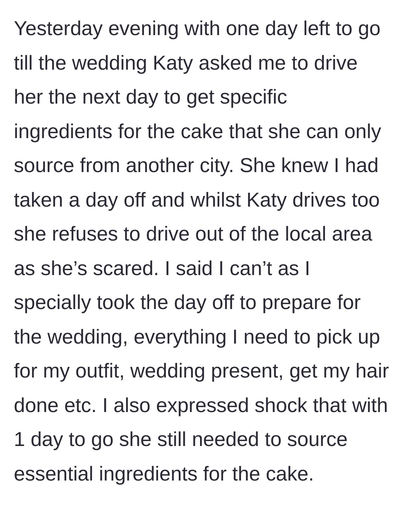 Story part 4 - Baker demands a ride to another city the day before the wedding to get missing ingredients.