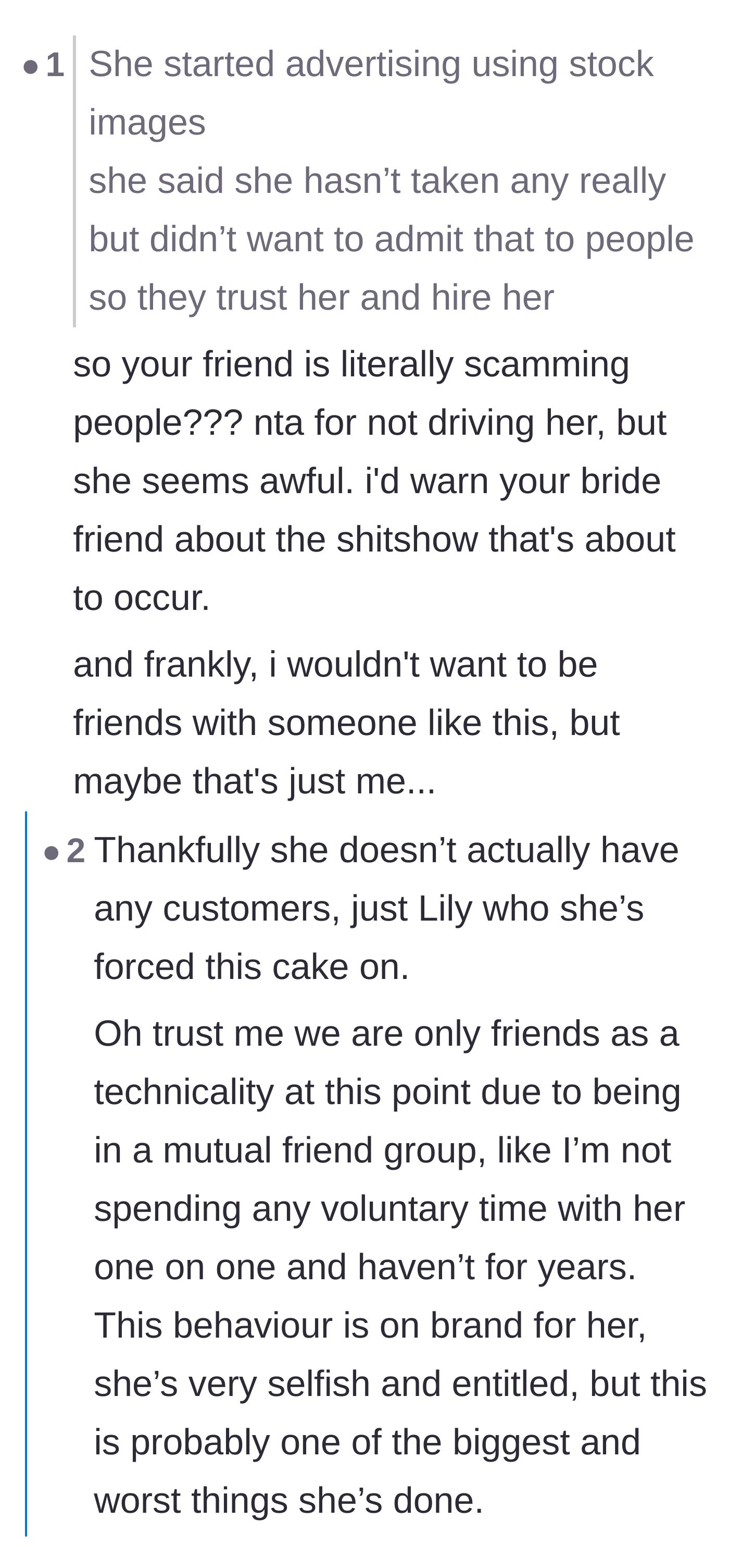 Comment thread 3 - Readers calling out the baker's fraudulent business practices and stock photo usage