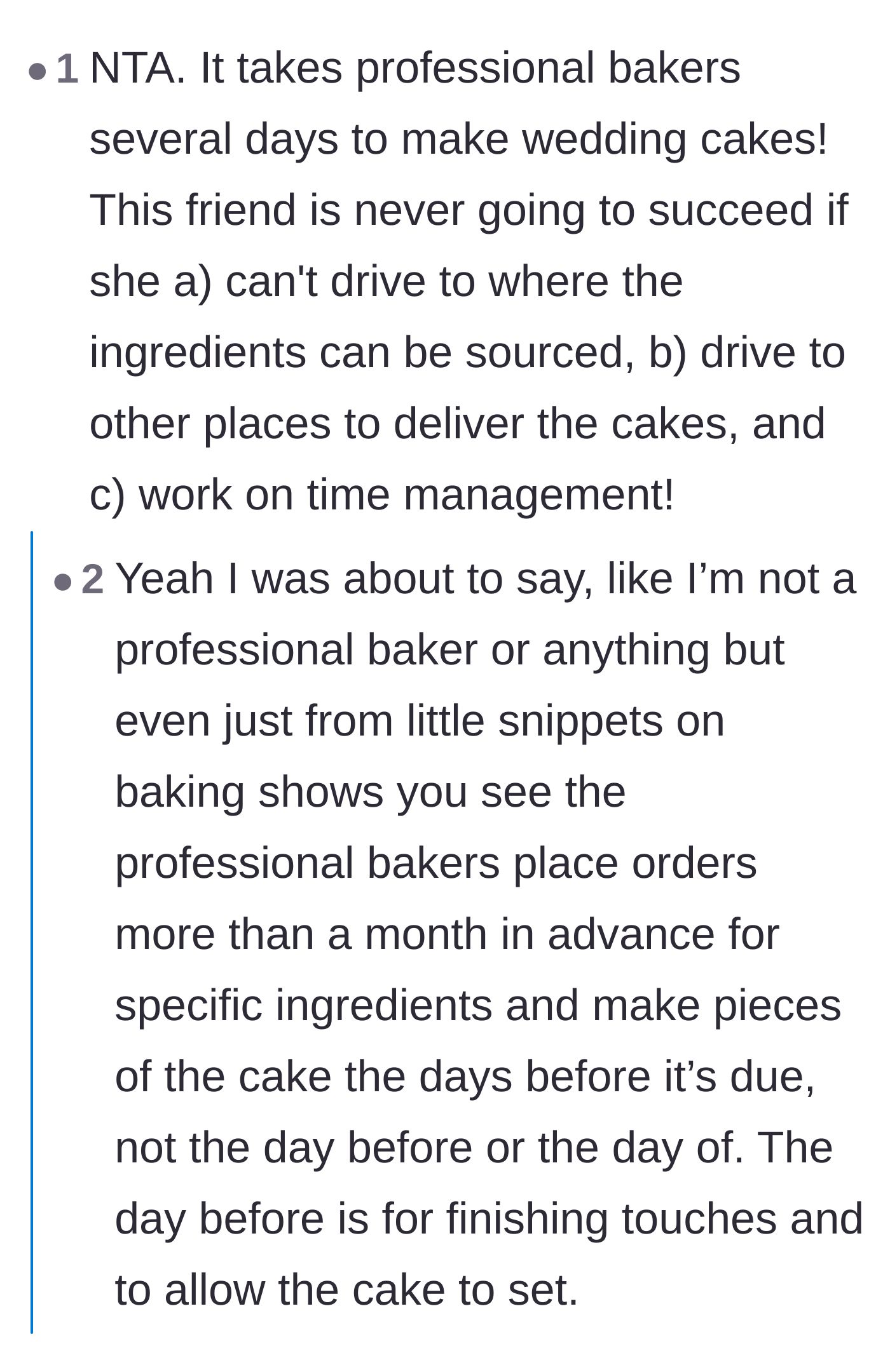 Comment thread 4 - Commenters breaking down the actual timeline and logistics of baking a professional wedding cake