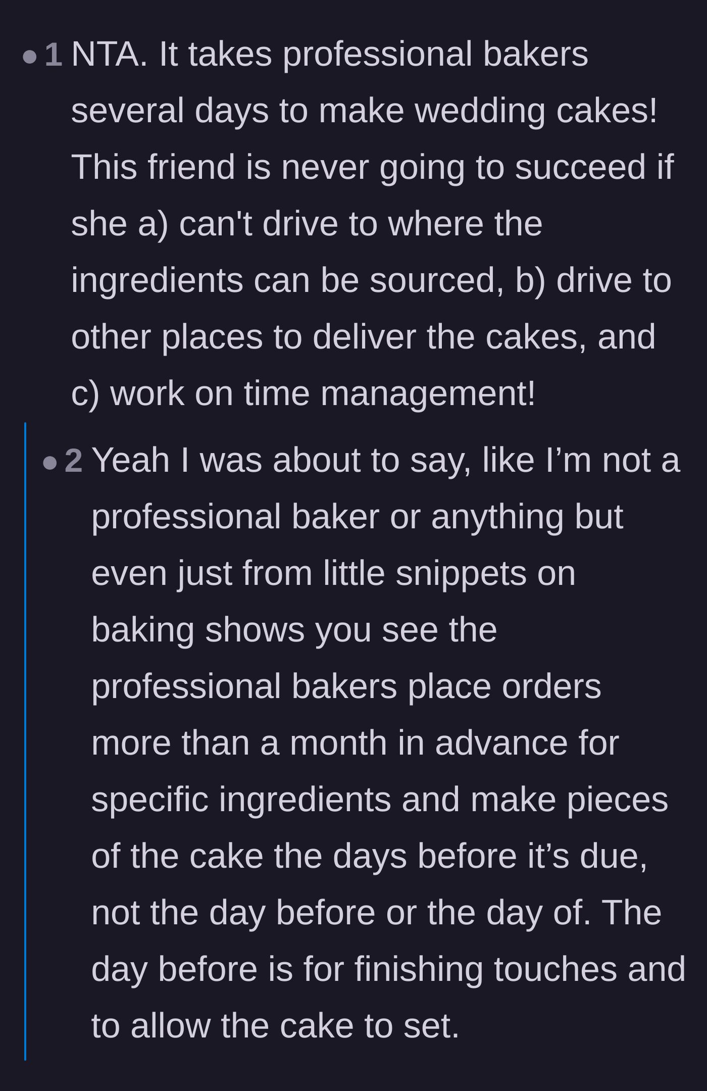 Comment thread 4 - Commenters breaking down the actual timeline and logistics of baking a professional wedding cake