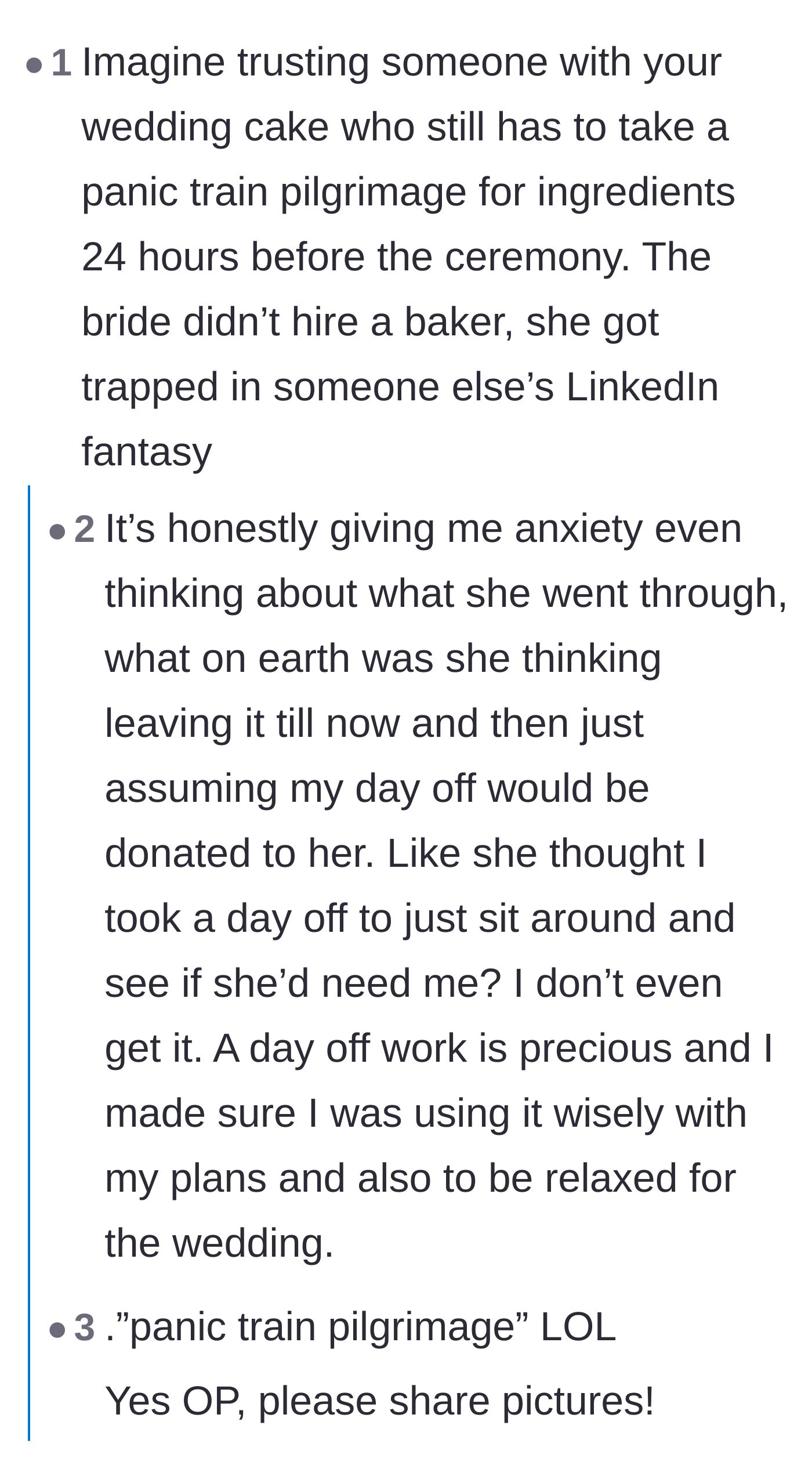 Comment thread 5 - A commenter joking about the baker's panic train ride and trapping the bride in a fake business fantasy