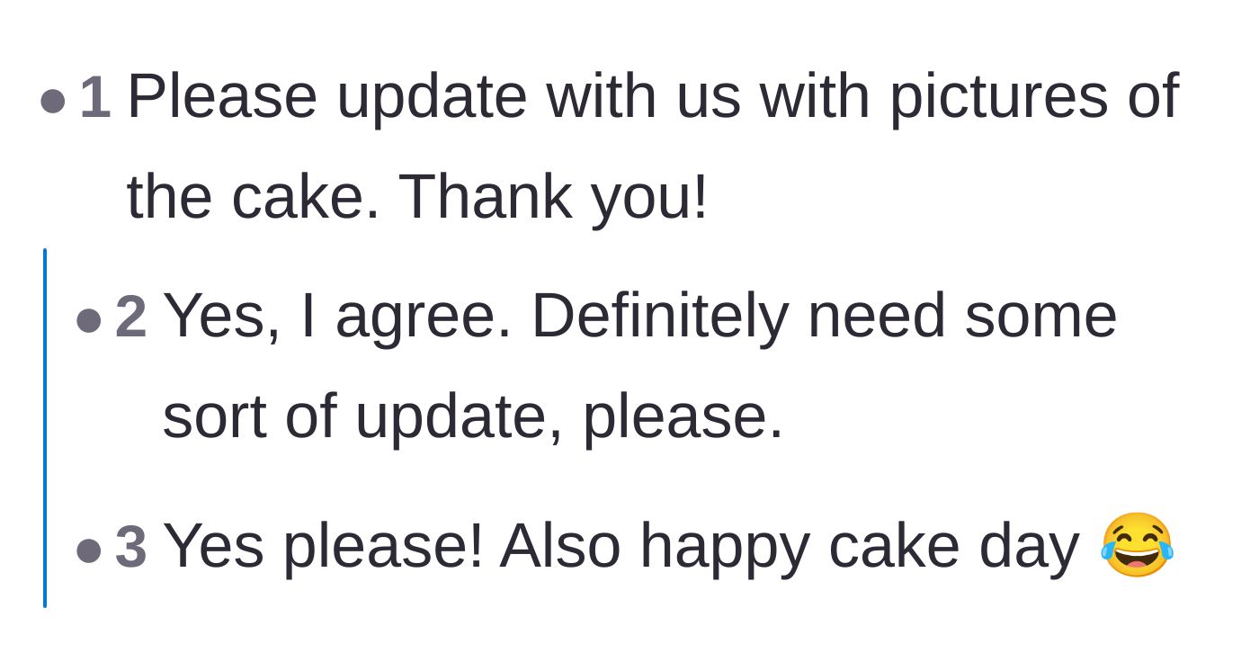 Comment thread 6 - Users begging the narrator to post pictures of the final wedding cake