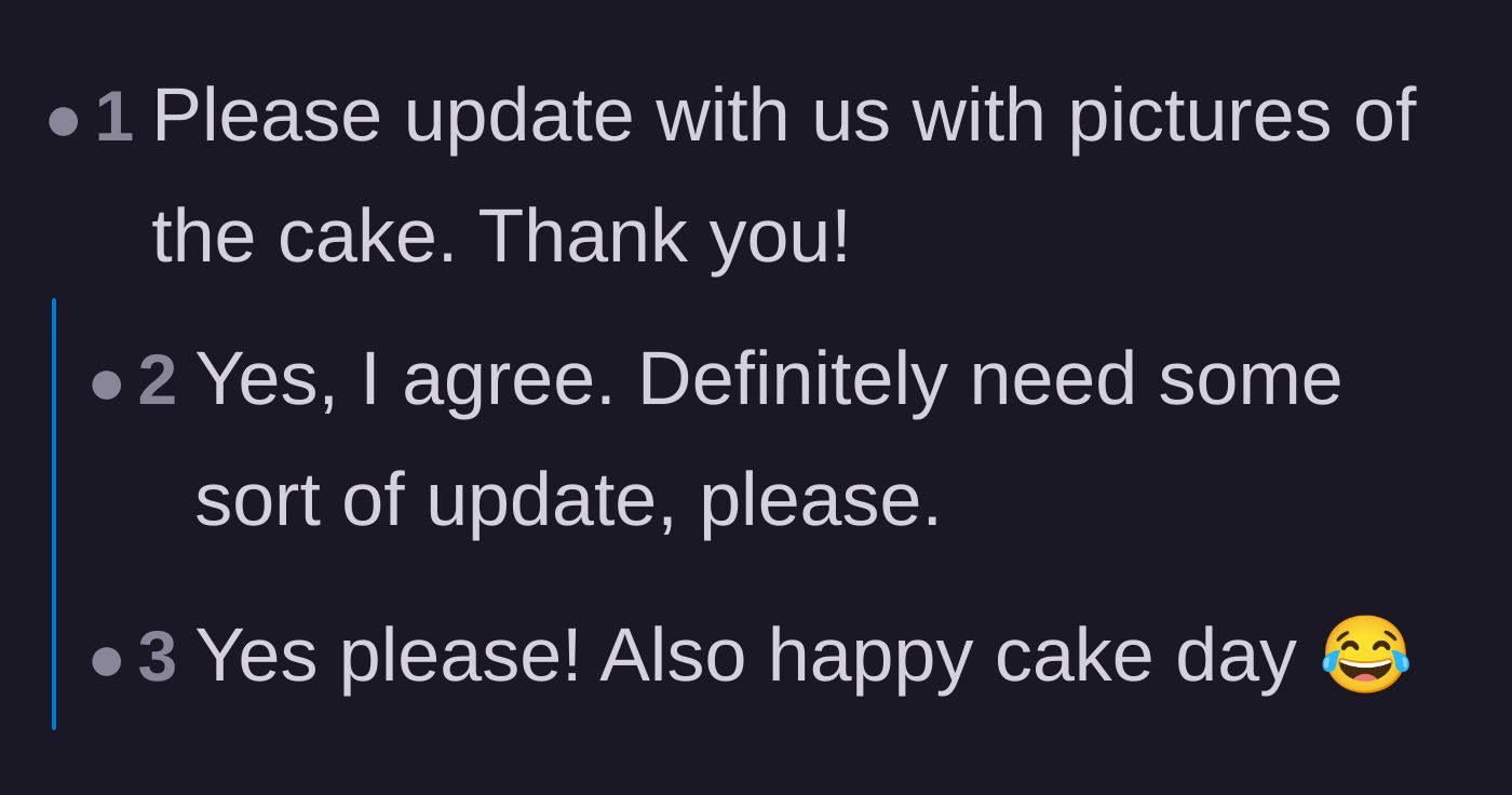 Comment thread 6 - Users begging the narrator to post pictures of the final wedding cake
