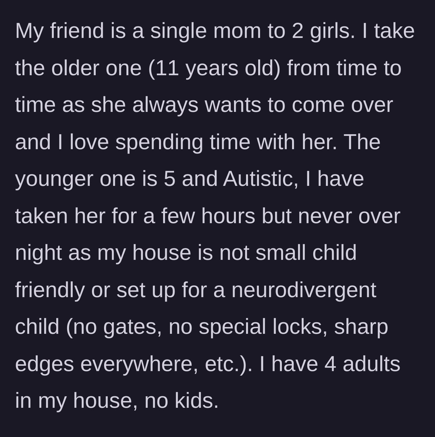 Story part 1 - Explaining the childcare dynamic and the main character's unsafe house for a neurodivergent five-year-old.