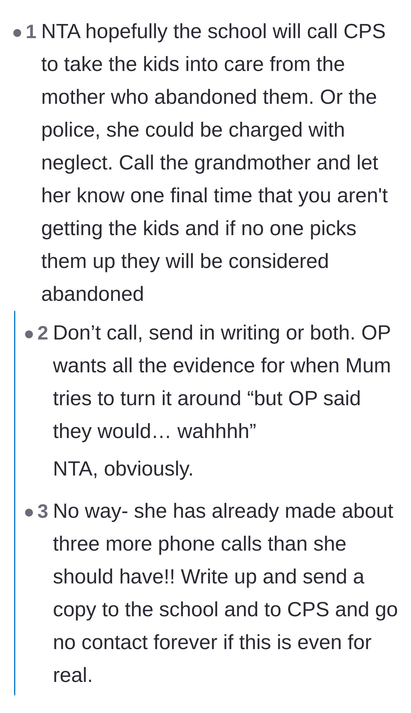 Comment thread 2 - Advice on getting the refusal in writing to protect against the mother's lies.