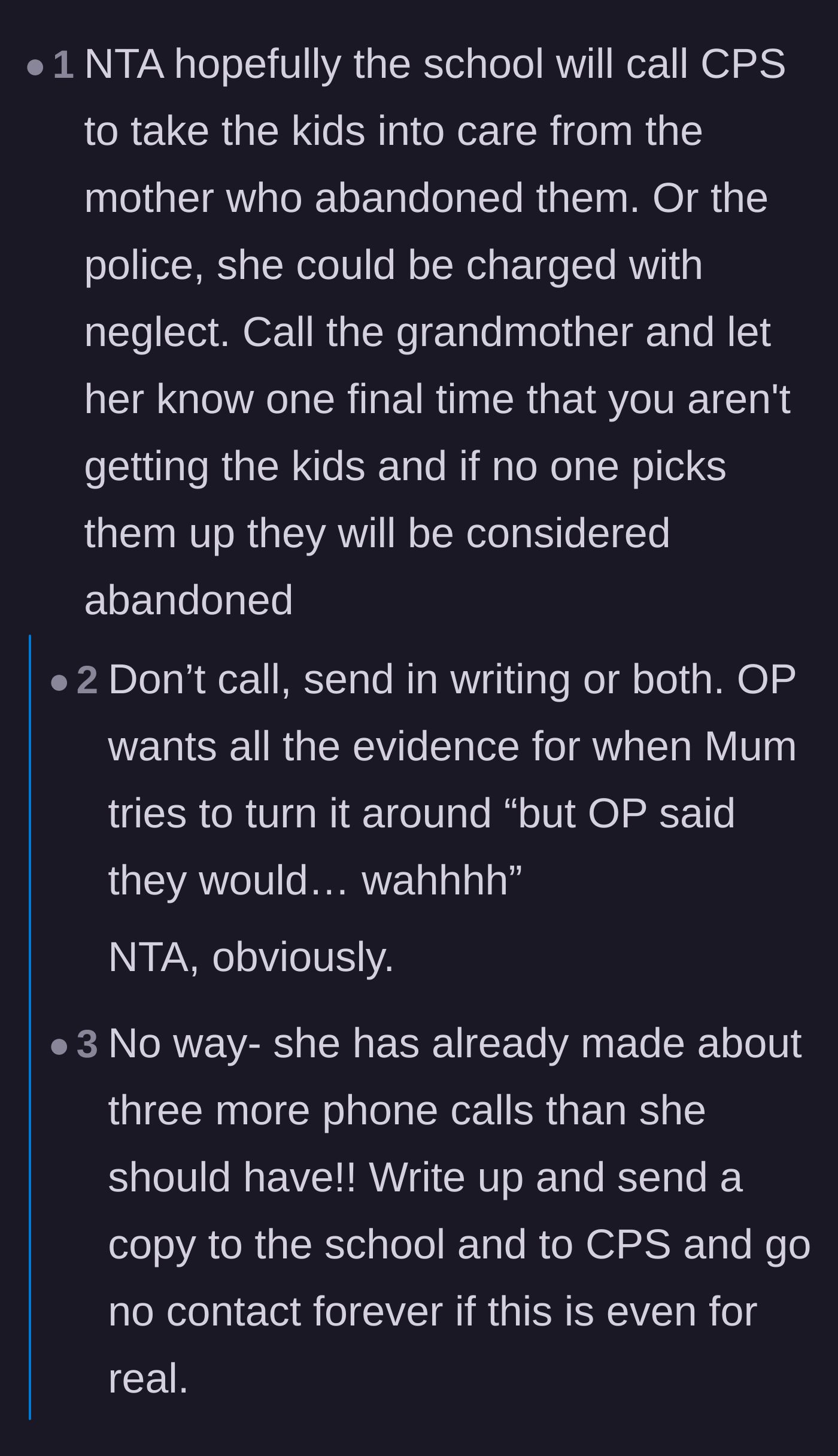 Comment thread 2 - Advice on getting the refusal in writing to protect against the mother's lies.
