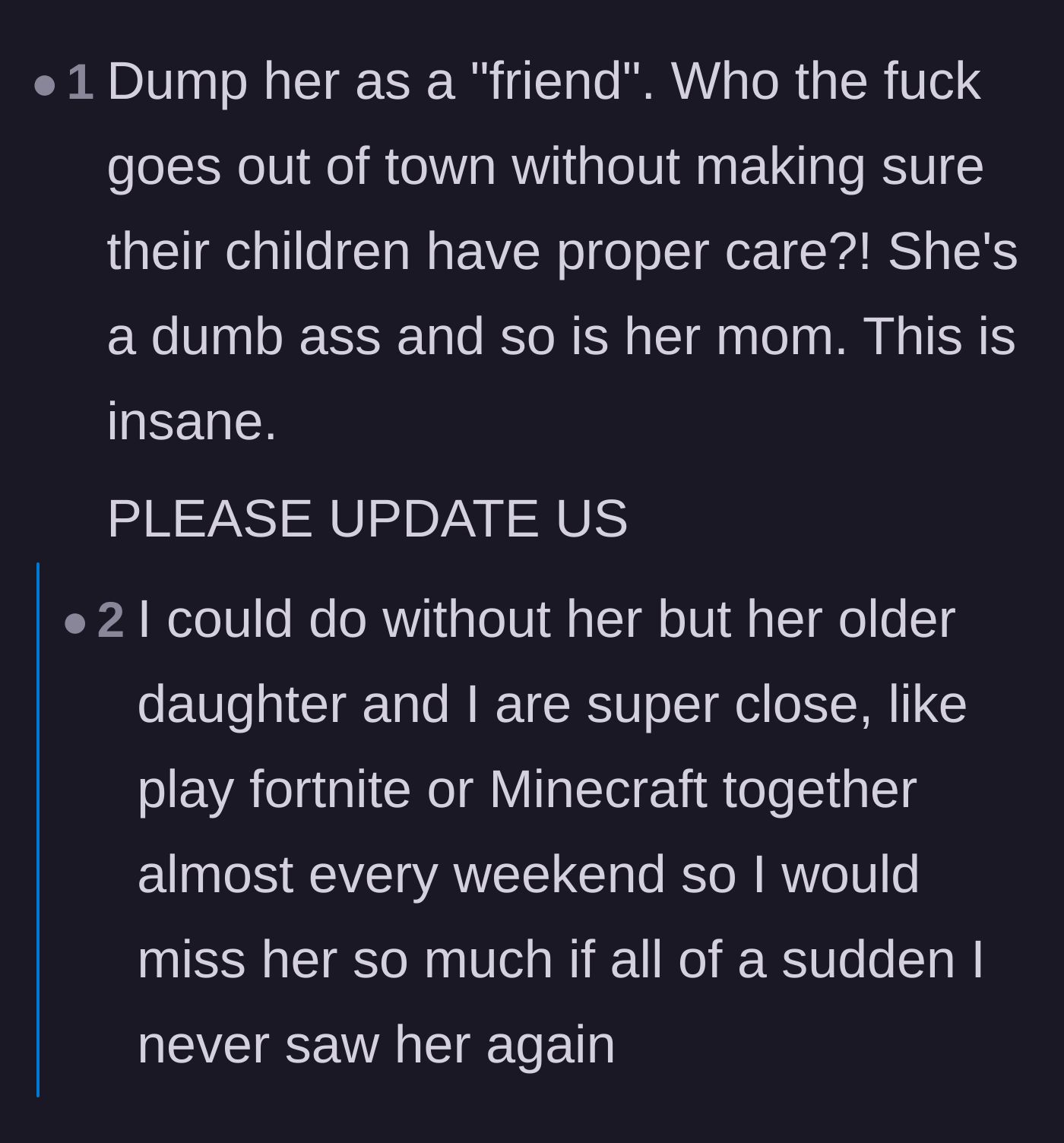 Comment thread 4 - Outrage over the mom's priorities and the main character expressing heartbreak over losing touch with the oldest daughter.
