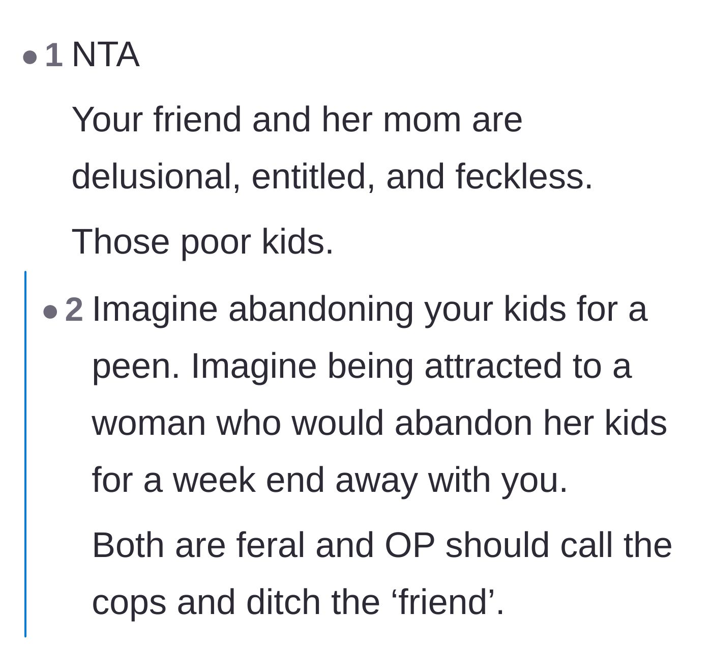 Comment thread 5 - Brutal judgment of the mother prioritizing a weekend with a man over her own children.