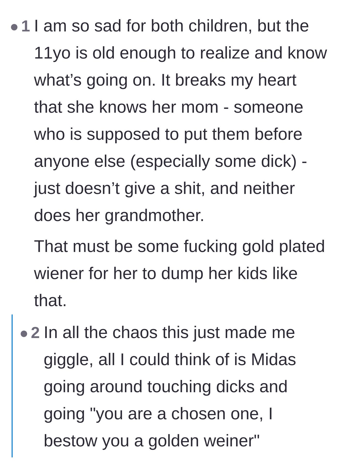 Comment thread 6 - Empathy for the aware older child mixed with dark humor about the boyfriend's supposed appeal.