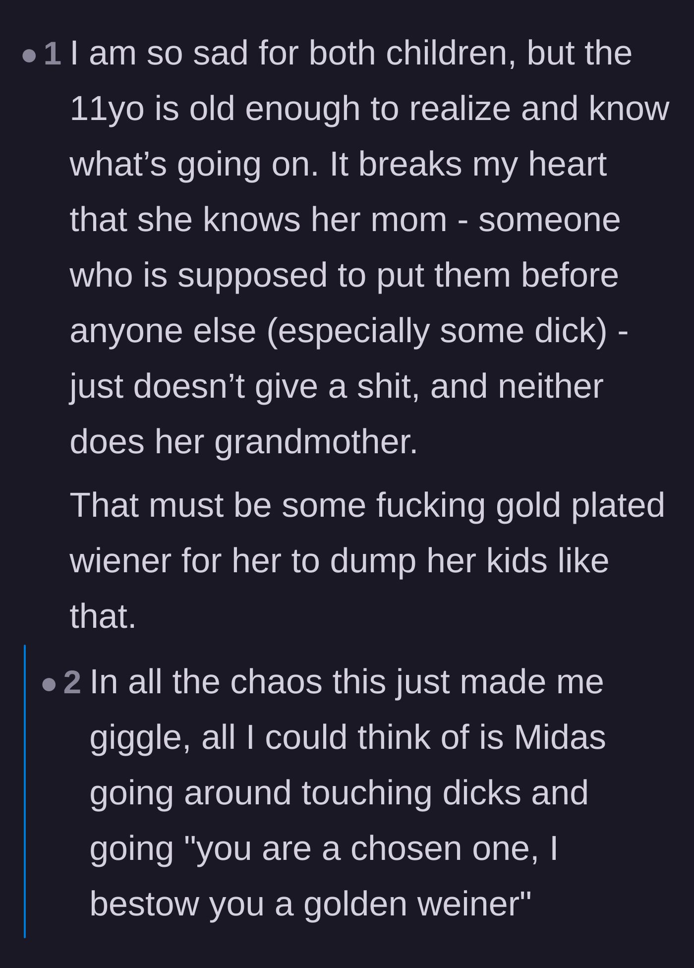 Comment thread 6 - Empathy for the aware older child mixed with dark humor about the boyfriend's supposed appeal.